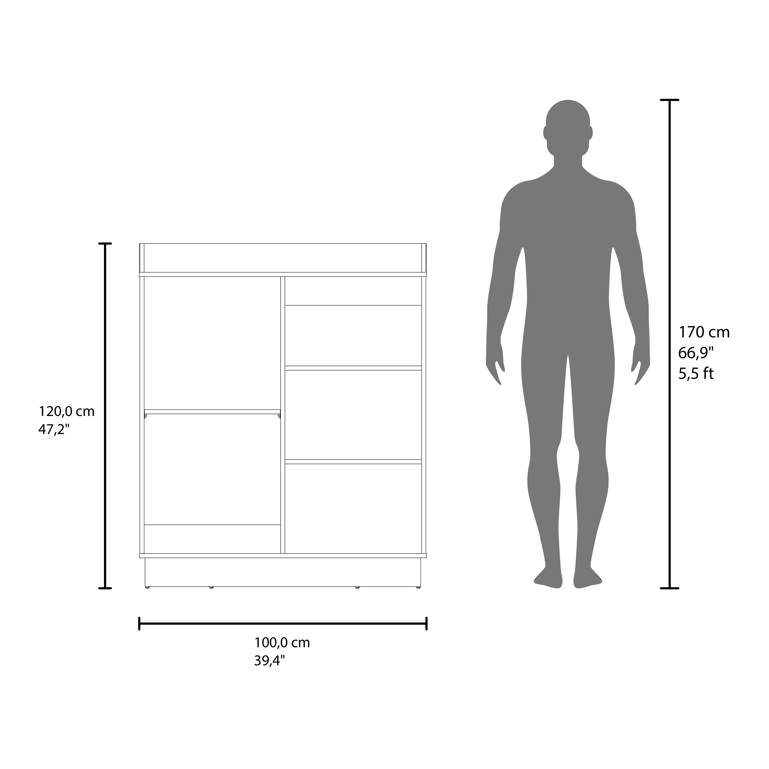 170 cm 66,9" 5,5ft  
120,0 cm 47,2"  
100,0 cm 39,4"