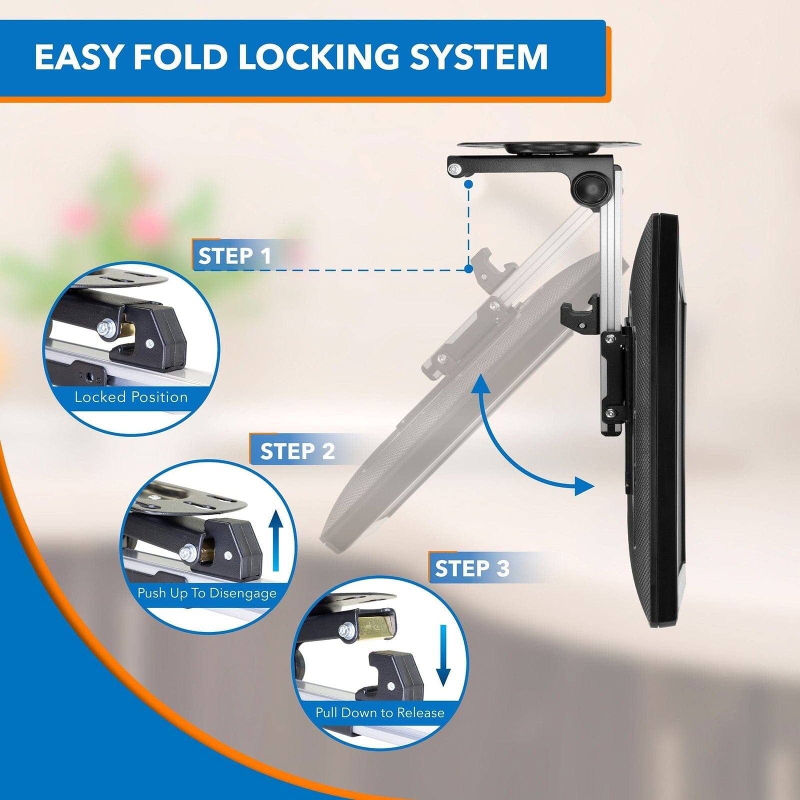 EASY FOLD LOCKING SYSTEM

STEP 1  
Locked Position

STEP 2  
Push Up To Disengage

STEP 3  
Pull Down to Release