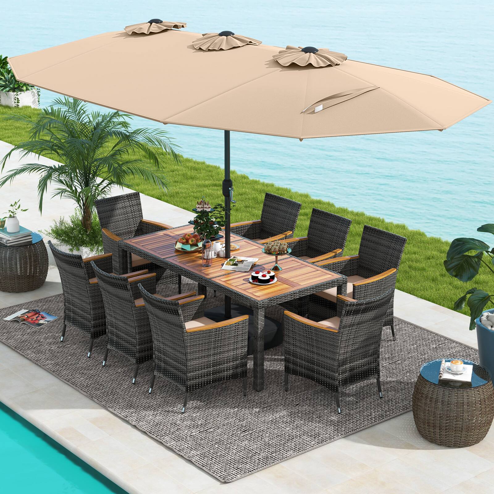 Alt View 3. Costway - 10 Pieces Patio Wicker Dining Set with Double-Sided Patio Umbrella 8 Armchairs - Coffee,Mix Brown.