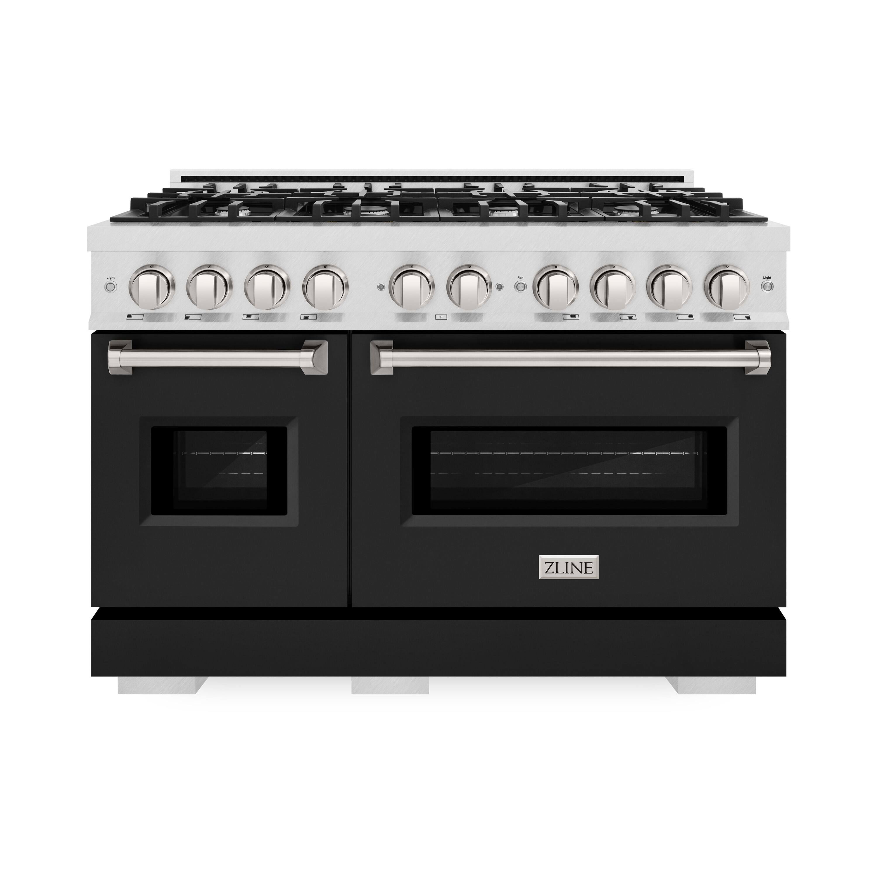 Angle. ZLINE - ZLINE 48 in. 6.7 cu. ft. Freestanding Classic Satin Steel Gas Range w/ 8 Burner Cooktop & Black Matte Doors - Black Matte.