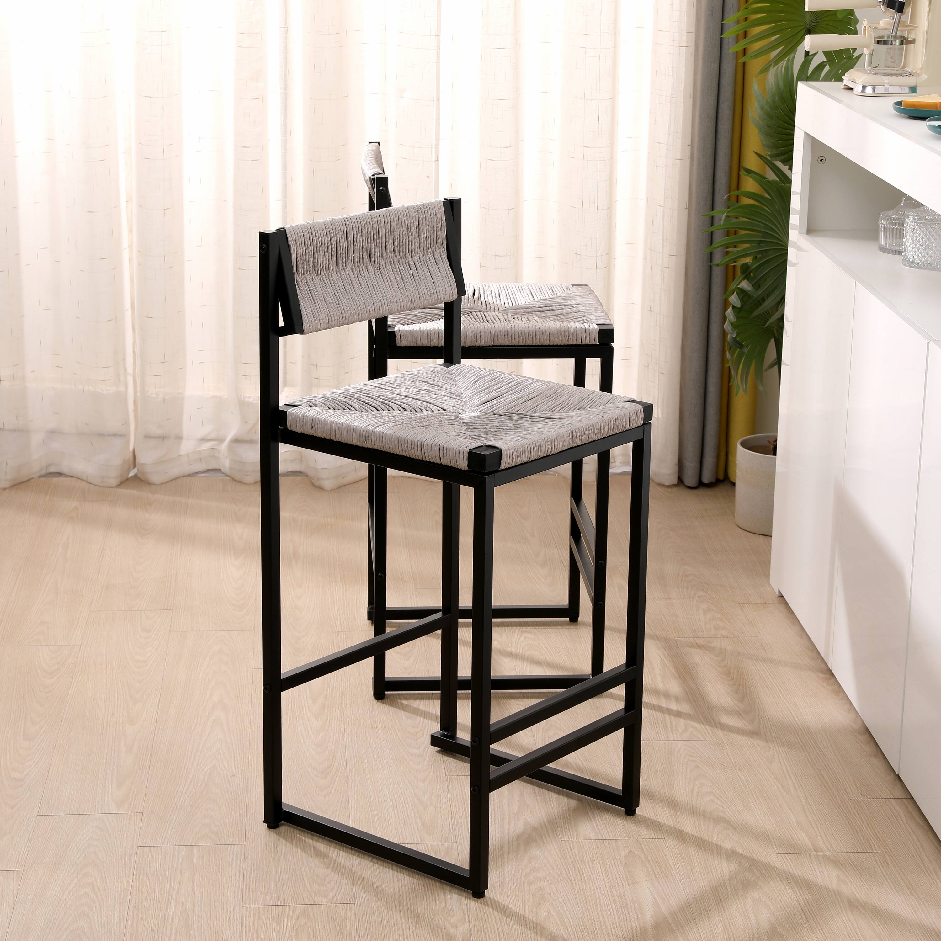 Angle. GOODSILO - Set of 2 Woven Bar Stools - Hand Weave Counter Stool with Footrest for Kitchen Island, Dining Room - Gray.