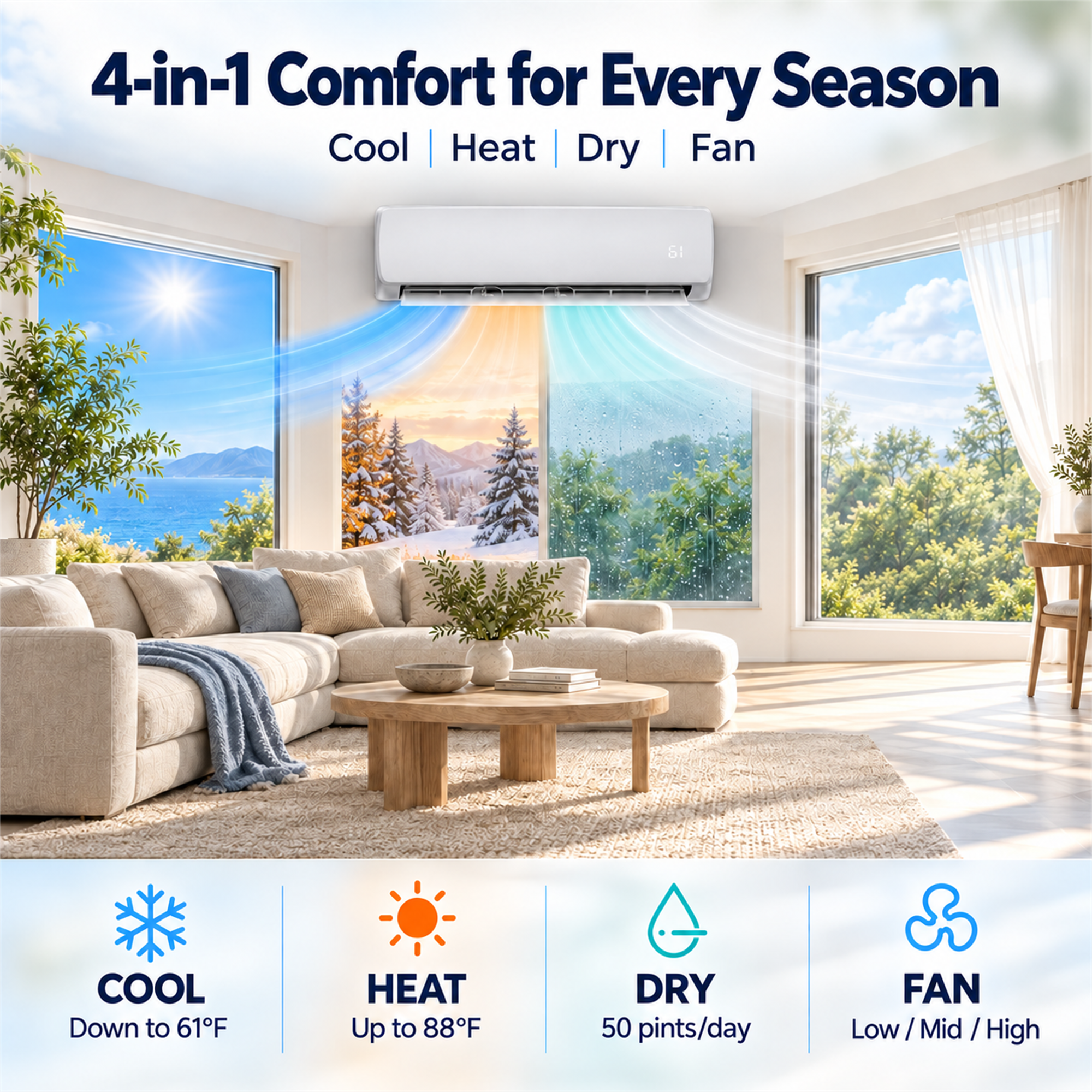 4-in-1 Comfort for Every Season
Cool | Heat | Dry | Fan

COOL Down to 61°F
HEAT Up to 88°F
DRY 50 pints/day
FAN Low/Mid/High