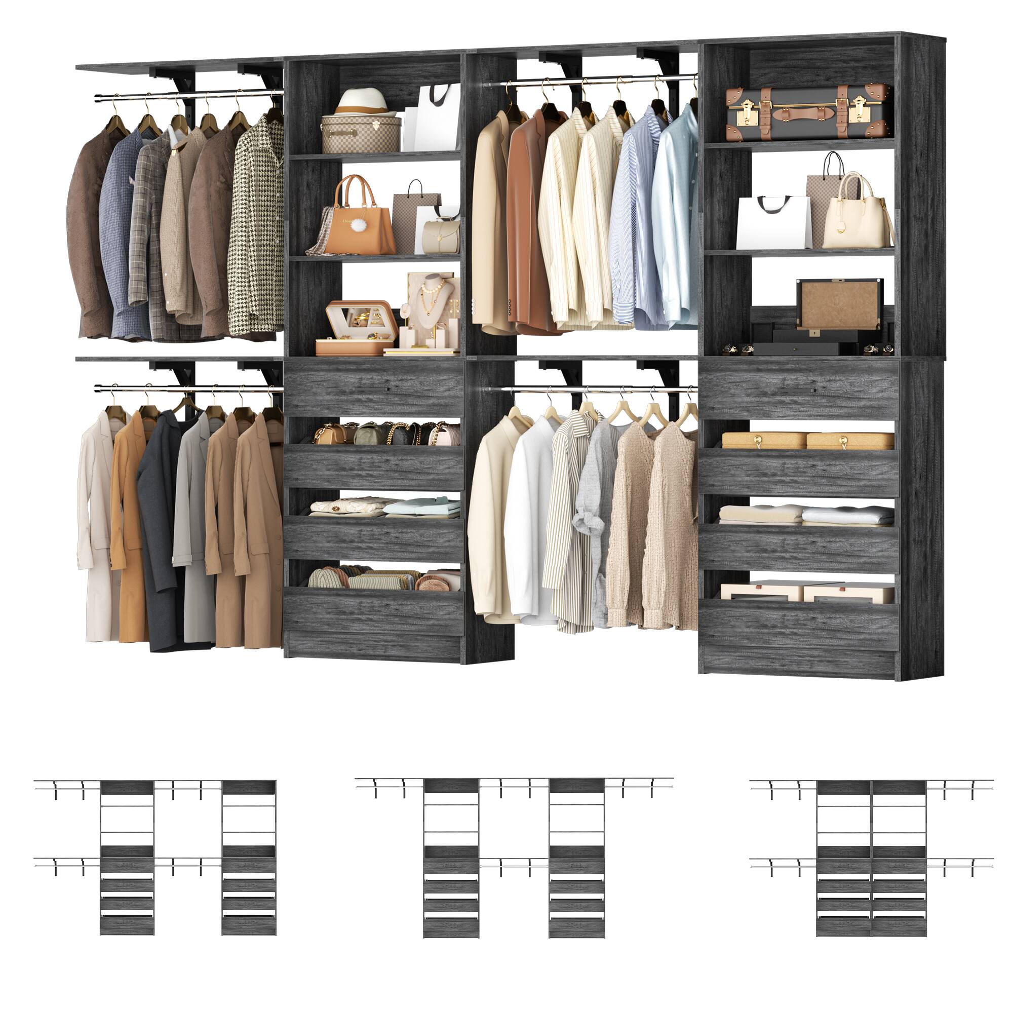 Angle. Aheaplus - 7-12FT Custom Closet Organizer with 8 Drawers & 4 Adjustable Hanging Rods, Holds 1000+ Lbs,Ships in 3 Packages - Gray Oak.