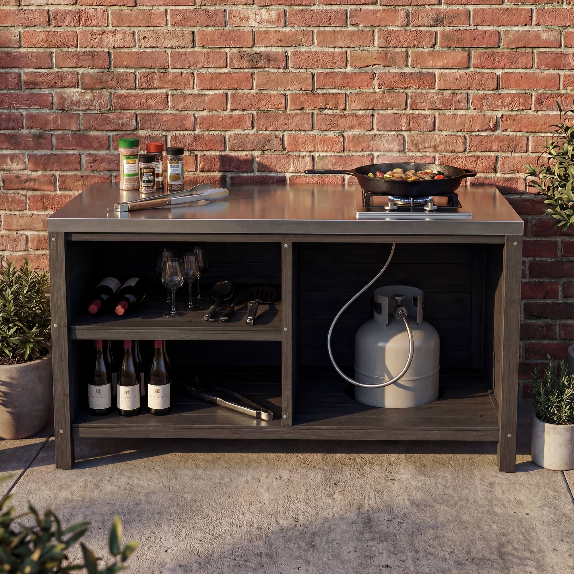 Angle. Famapy - Modular Solid Cedar Outdoor Kitchen Cabinets - All-Weather Storage with Stainless Steel Top for Patio, Grill Station - Carbon Black.