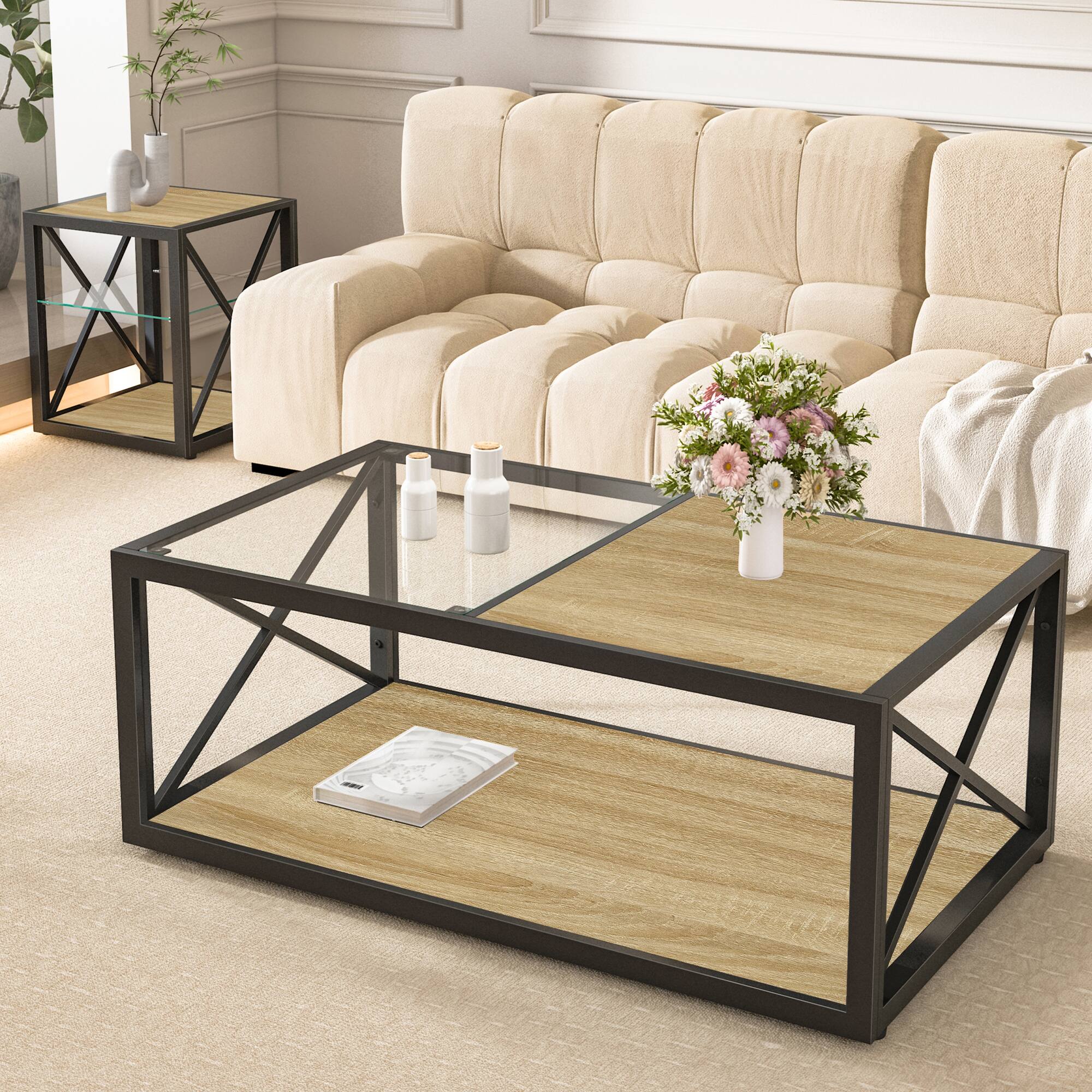 Alt View 1. Ecooso - Modern Industrial Coffee Table with Tempered Glass Top & Wood Base - Natural Wood.