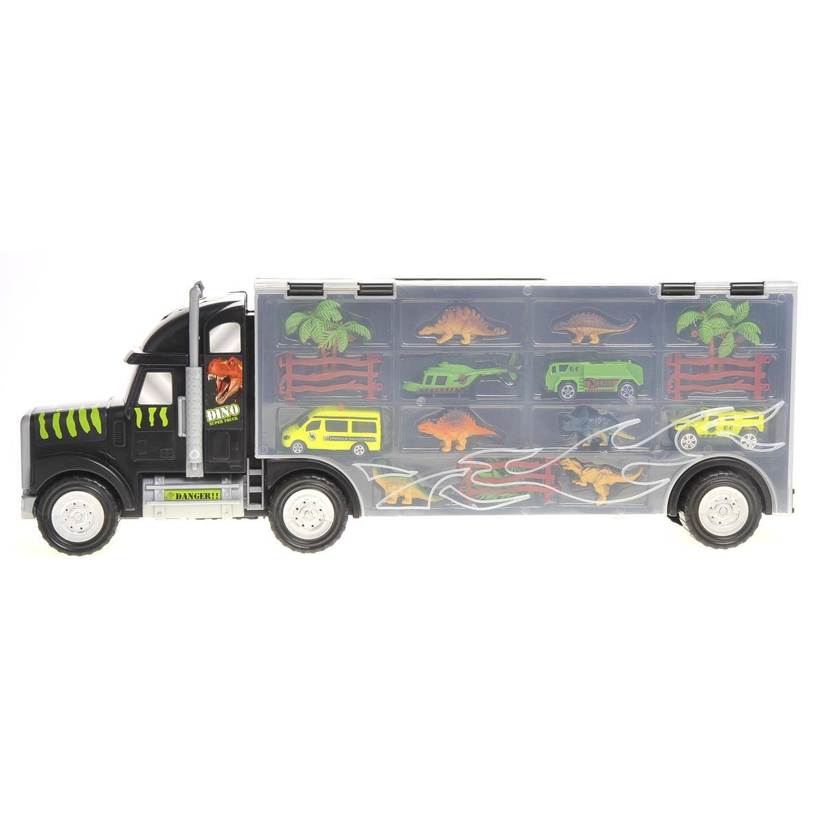 JuzToys - 22" Dinosaur Toys Cars Carrier Truck, Includes Dinosaur Toys, Cars and Helicopter, Dinosaur Toys for Kids 3-5 - Multi