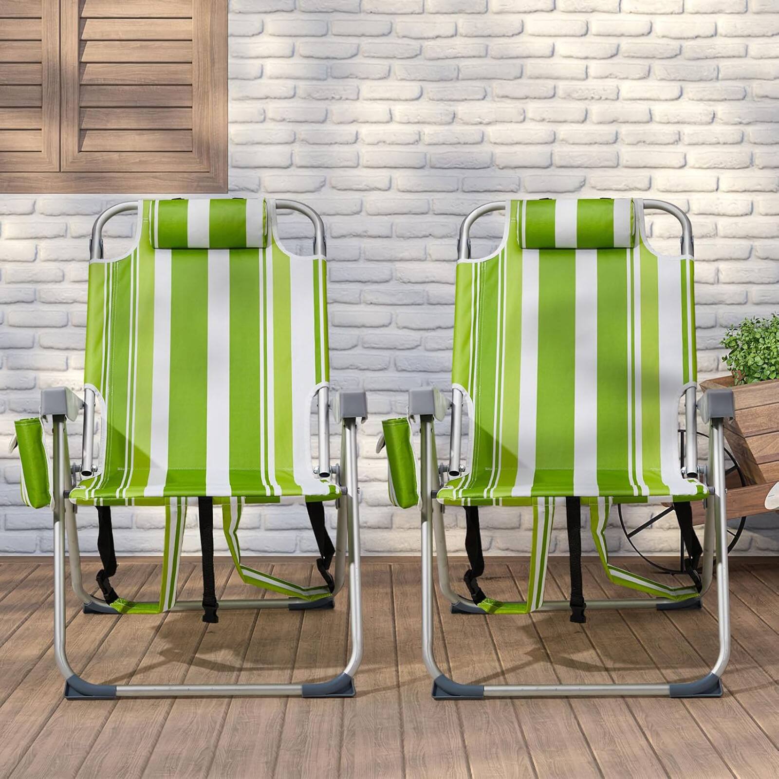 Alt View 1. Chateau Abodes - Outdoor Backpack Beach Chair, 5-Position Reclining with Towel Bar, Cooler Pouch, Cup Holder & Backpack Straps - Green Stripes.