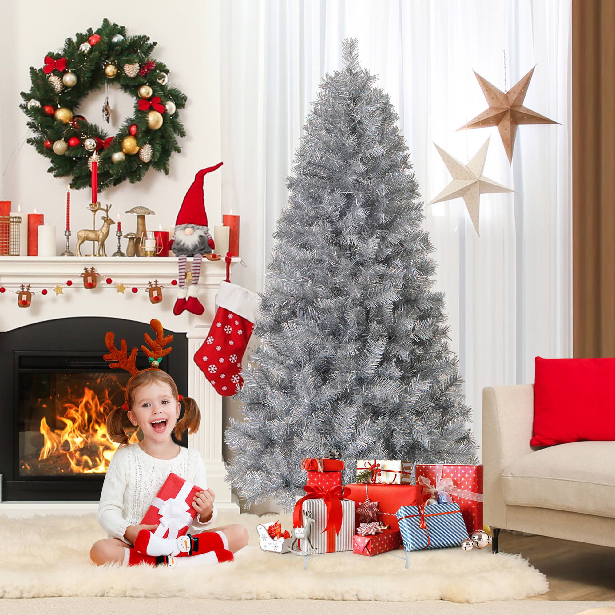 Alt View 4. Gymax - Gymax 6 FT Pre-Lit Artificial Christmas Tree Silver Tinsel Hinged Xmas Tree - Silver.