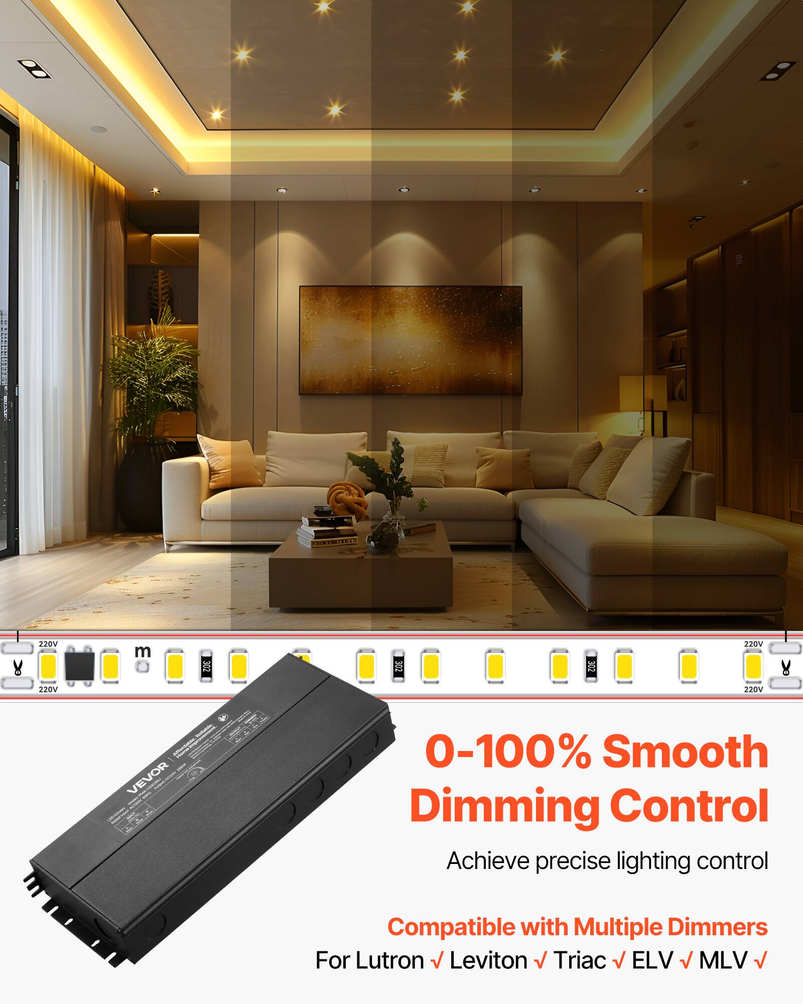0-100% Smooth Dimming Control  
Achieve precise lighting control  

Compatible with Multiple Dimmers  
For Lutron ✓ Leviton ✓ Triac ✓ ELV ✓ MLV ✓