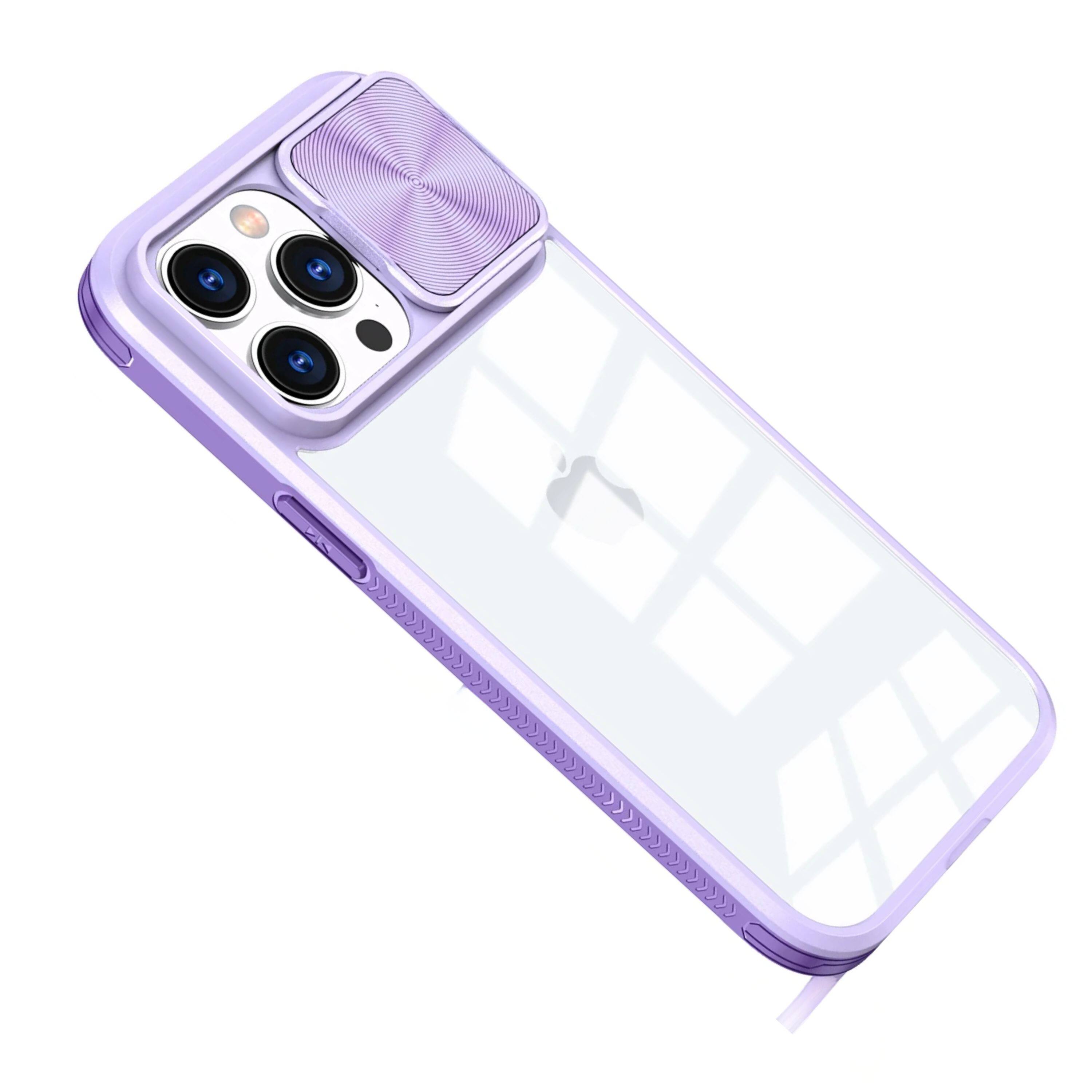 Angle. Kitcheniva - Hybrid Sliding Lens Cover Case With Screen Protector For iPhone 15 Pro Max Purple - Purple.