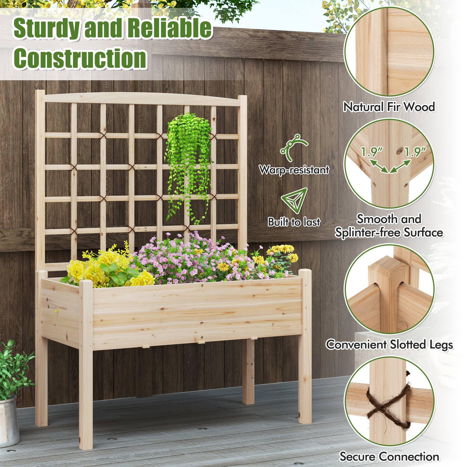 Sturdy and Reliable Construction

- Natural Fir Wood
- Warp-resistant
- Built to last
- Smooth and Splinter-free Surface
- Convenient Slotted Legs
- Secure Connection
- 1.9" x 1.9"