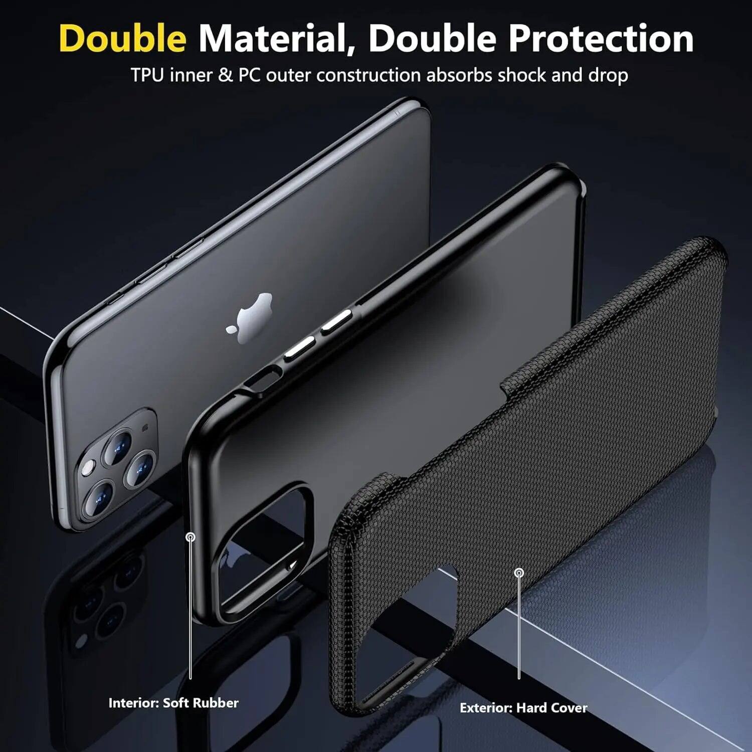 Double Material, Double Protection  
TPU inner & PC outer construction absorbs shock and drop  

Interior: Soft Rubber  
Exterior: Hard Cover
