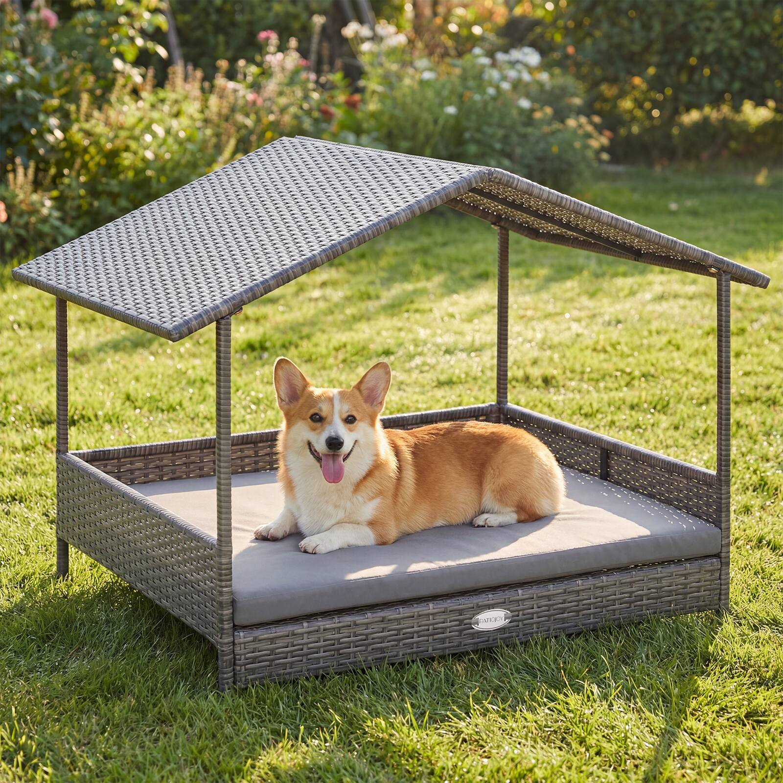 Alt View 1. Gymax - Gymax Wicker Dog House w/ Canopy PE Rattan Dog Bed Waterproof Removable Cushion.