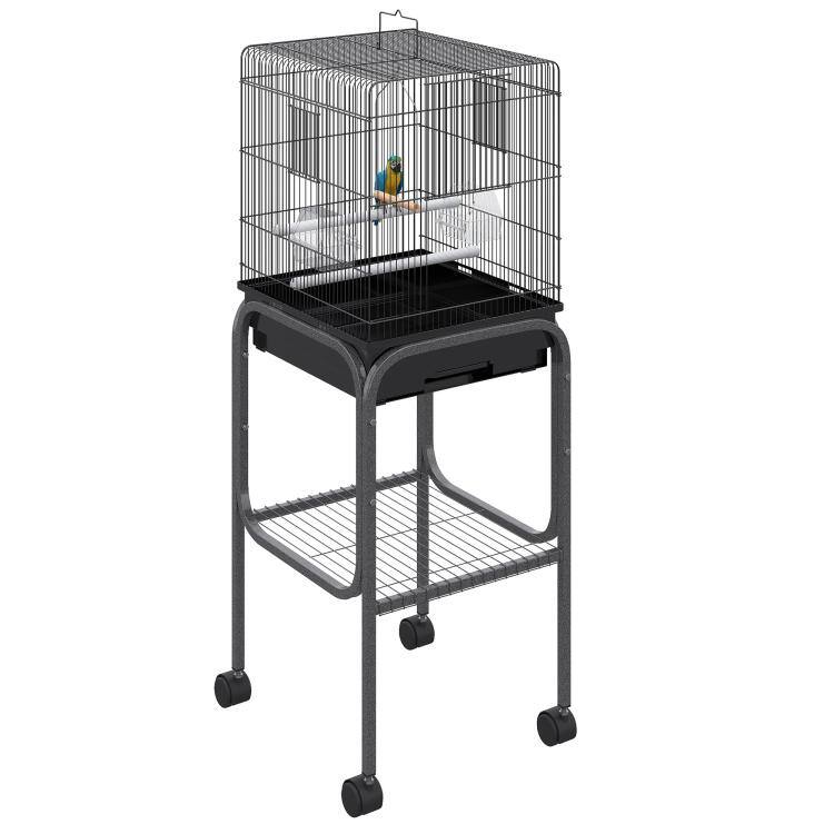 Front. PULUZ - 45-inch Metal Indoor Bird Cage, Parrot Cage, Bird Aviary with Detachable Rolling Stand, Storage Basket, and Accessories.