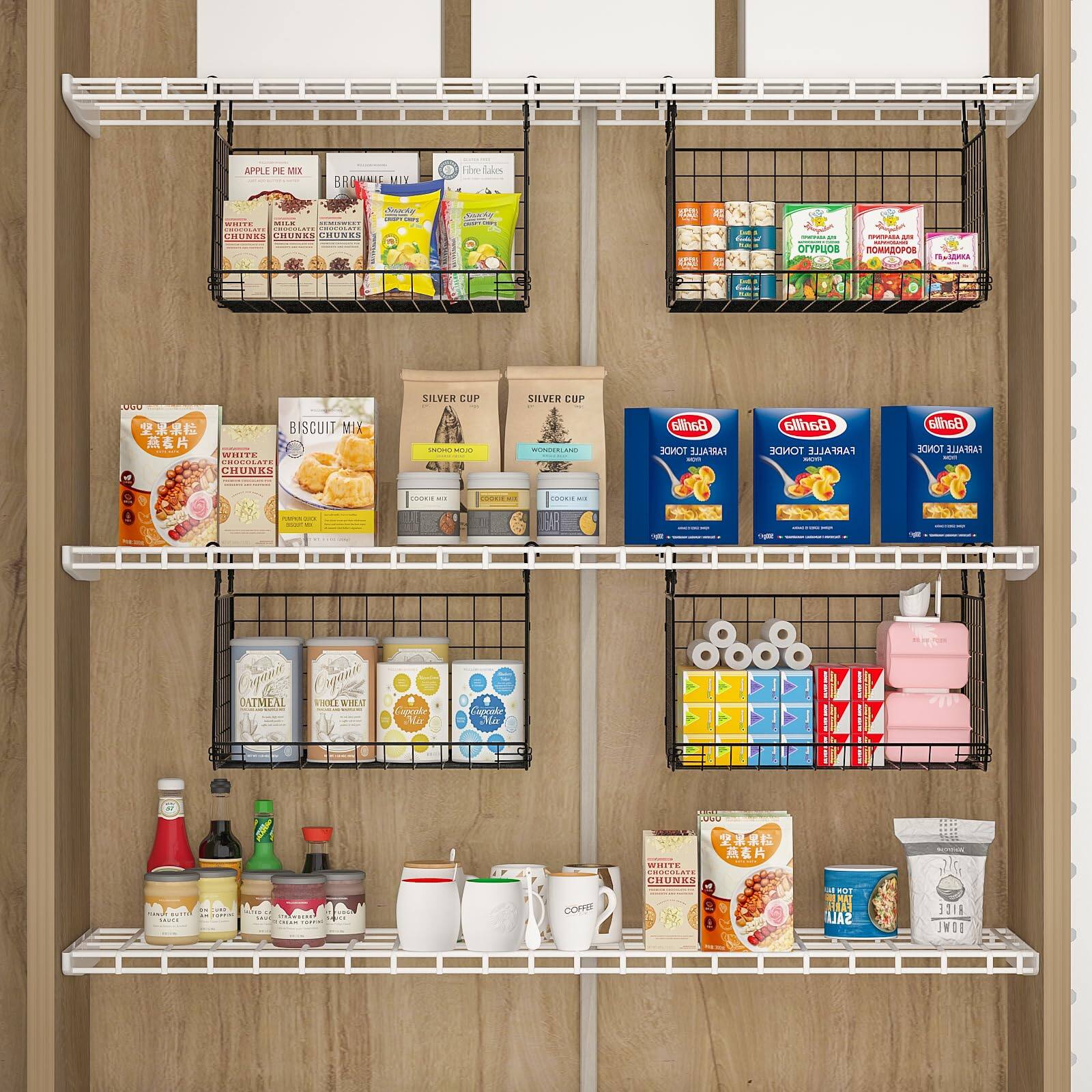 Sure, here is the corrected and grouped text from the image:

**Top Shelf:**
- APPLE PIE MIX
- BROWNIE MIX
- Fine Fakes
- BUNES CHUNEO CHUNKS
- SILVER CUP
- SILVER CUP
- BISCUIT MIX
- WHITE CHUNCKS
- Barilla TONC FARFALLE
- Barilla TONC FARFALLE
- COR. C.
- Cogan aguin DATMEAL TOEE WIE
- COR. C.

**Second Shelf:**
- LUGO
- WHITE CHUNCKS
- SILVER CUP
- SILVER CUP
- BISCUIT MIX
- WHITE CHUNCKS
- COFFEE

**Third Shelf:**
- OATMEAL
- WHITE WHEN
- Cinnamon
- Cinnamon
- Coffee
- Coffee
- Coffee

**Bottom Shelf:**
- WHITE CHUNCKS
- WHITE CHUNCKS
- Coffee
- Coffee
- Coffee
- Coffee
- Coffee
- Coffee