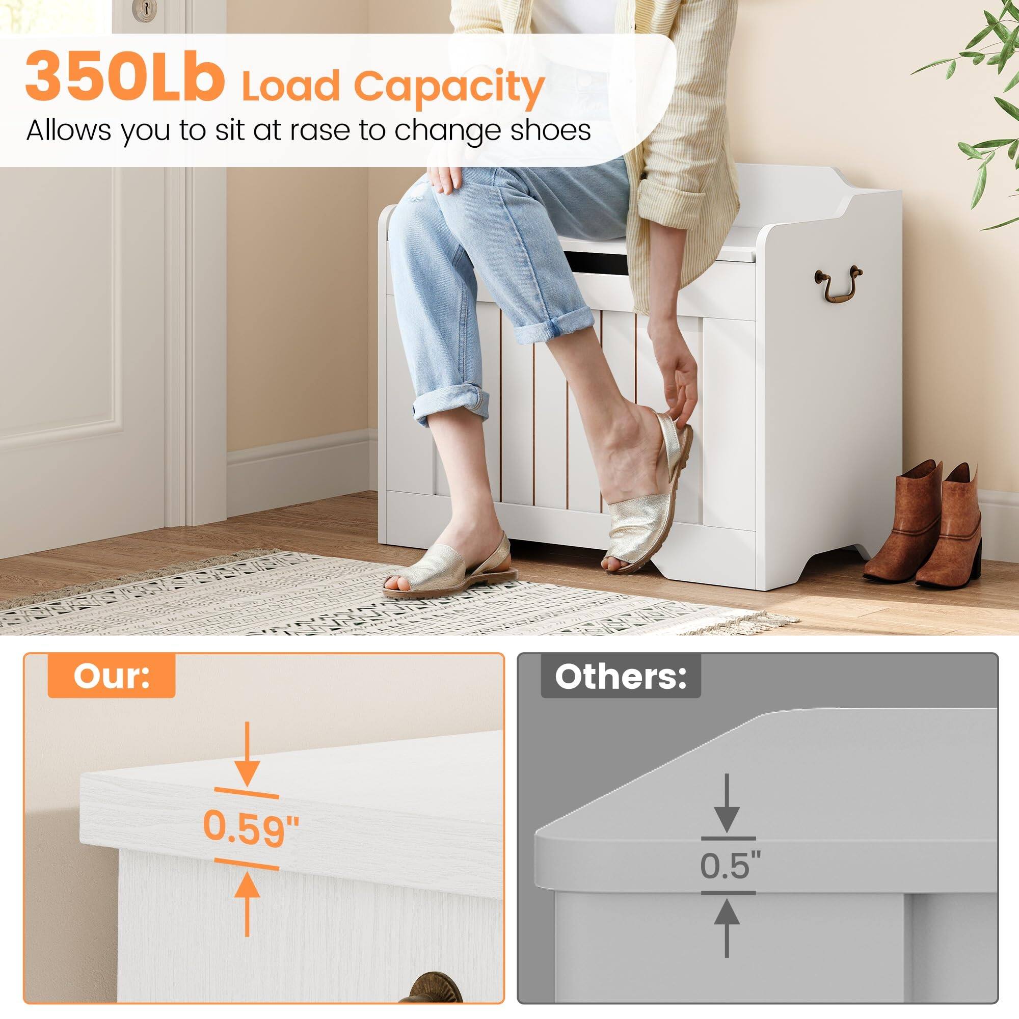 350Lb Load Capacity  
Allows you to sit at ease to change shoes  

Our: 0.59"  
Others: 0.5"