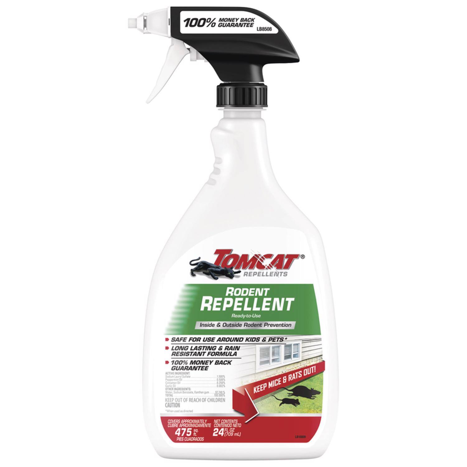 MONEY BACK 100% GUARANTEE LB8508 TOMCAT REPELLENTS RODENT REPELLENT Ready-to-Use Inside & Outside Rodent Prevention SAFE FOR USE AROUND KIDS & PETS LONG LASTING & RAIN RESISTANT FORMULA 100% MONEY BACK GUARANTEE RATS OUT! MICE & RATS OUT! KEEP OUT OF REACH OF CHILDREN CAUTION COVERS APPROXIMATELY 475 SQ FT (24.75 L) NET CONTENTS 24.75 FL OZ (709 mL)