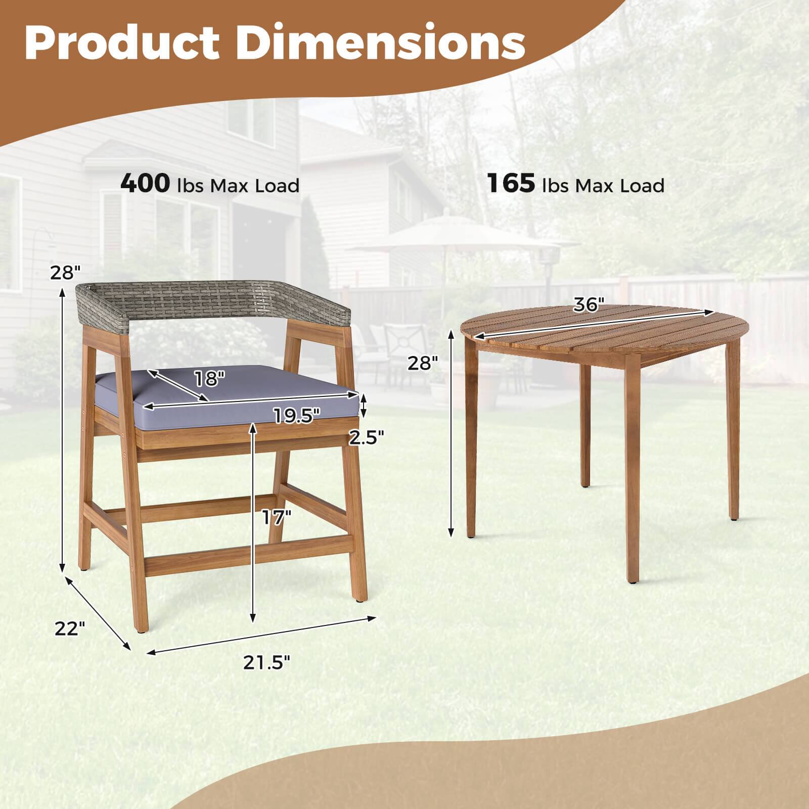 Product Dimensions

400 lbs Max Load

- 28" (height)
- 18" (seat width)
- 19.5" (seat depth)
- 2.5" (seat height)
- 17" (leg width)
- 22" (leg depth)
- 21.5" (leg height)

165 lbs Max Load

- 36" (diameter)
- 28" (height)