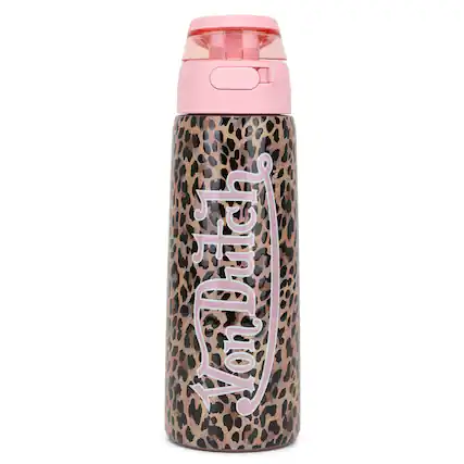 Front. Von Dutch - Von Dutch 26oz Iconic Y2K Double Walled Insulated Stainless Steel Bottle | Pink Leopard - Leopard.