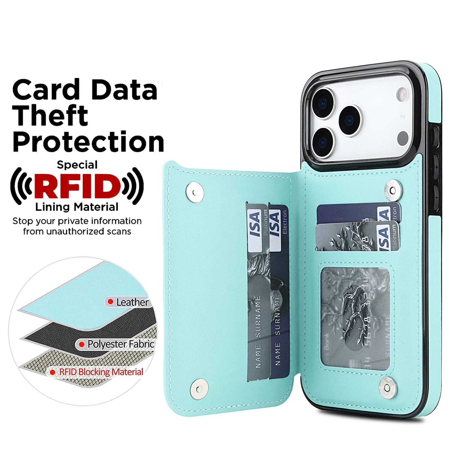Card Data Theft Protection  
Special RFID Lining Material  
Stop your private information from unauthorized scans  

Leather  
Polyester Fabric  
RFID Blocking Material  

ISA SURNAME NAME  
Platinum  
ISA SURNAME NAME  
Electron  
5678 HE  
0 A tron SA Platinum