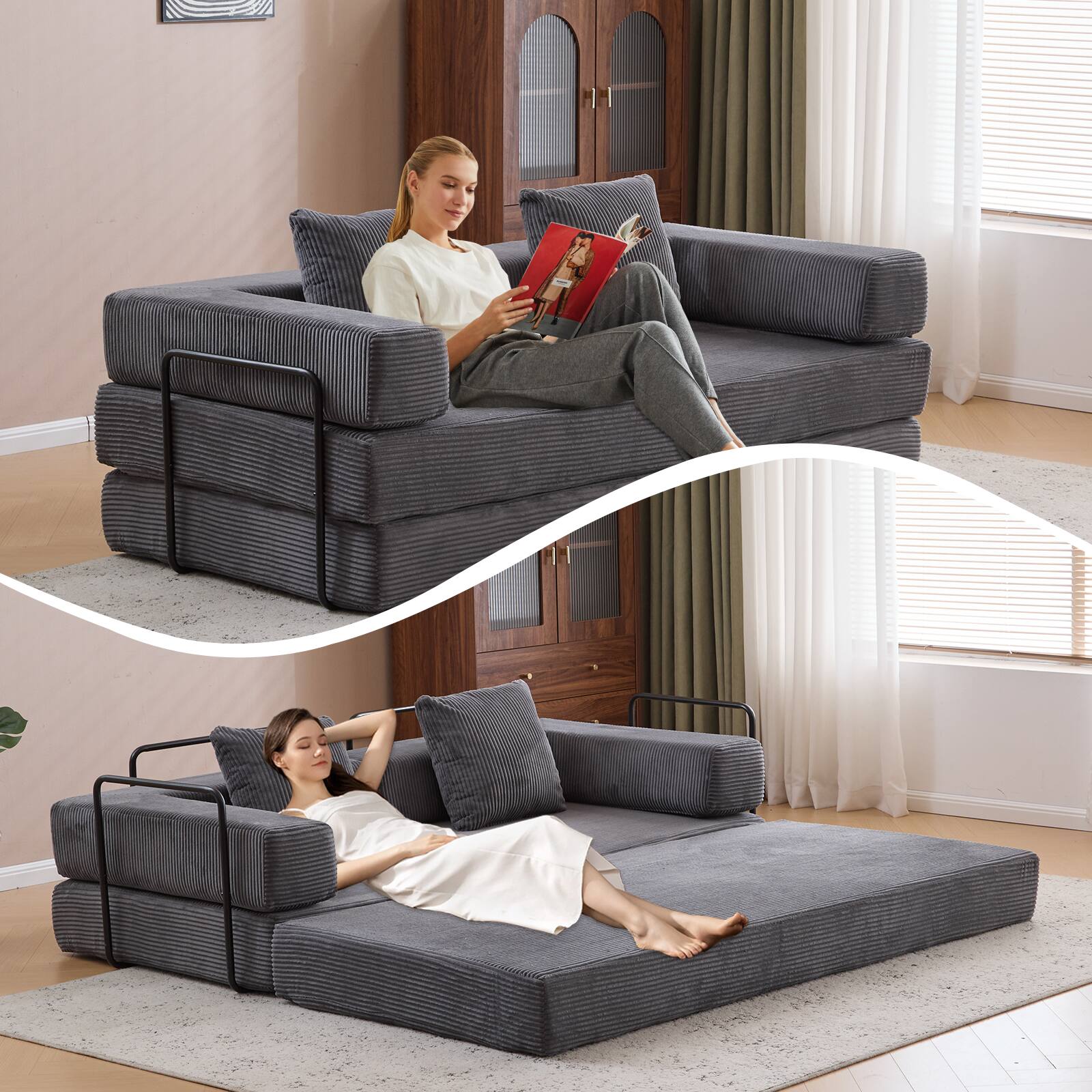 Alt View 2. GOODSILO - Convertible Floor Sofa Bed - Futon Couch Lounge Sleeper with Pillow Back Support & Armrests - Dark Green.