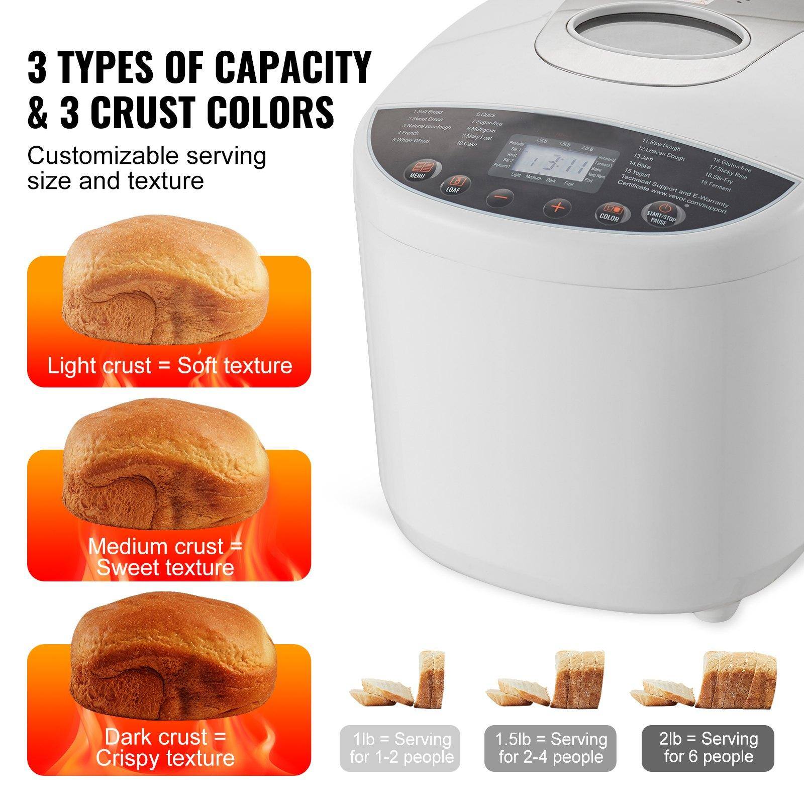 3 TYPES OF CAPACITY & 3 CRUST COLORS  
Customizable serving size and texture  

Light crust = Soft texture  
Medium crust = Sweet texture  
Dark crust = Crispy texture  

1lb = Serving for 1-2 people  
1.5lb = Serving for 2-4 people  
2lb = Serving for 6 people