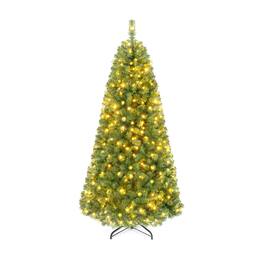WELLFOR - 6 ft Pre‑lit Hinged Artificial Christmas Tree with 845 Branch Tips &350 LED Lights,Xmas Tree with Remote Control - Green
