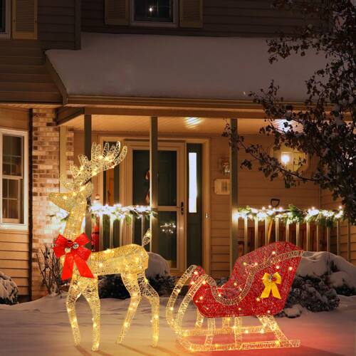 Alt View 7. Winado - Christmas 4FT Reindeer & Sleigh Set with LED Lights for Christmas Indoor Outdoor Garden Holiday Party Decorations - Golden.