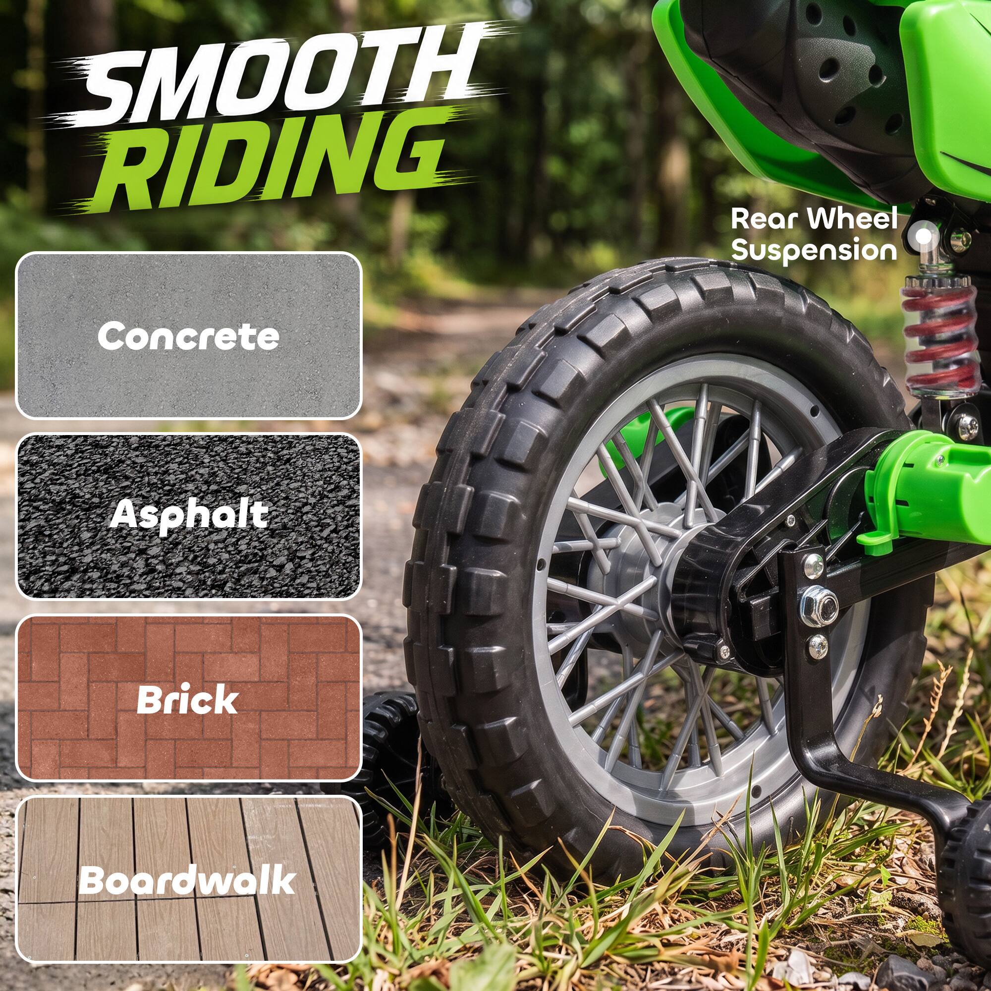 SMOOTH RIDING

Rear Wheel Suspension

Concrete  
Asphalt  
Brick  
Boardwalk