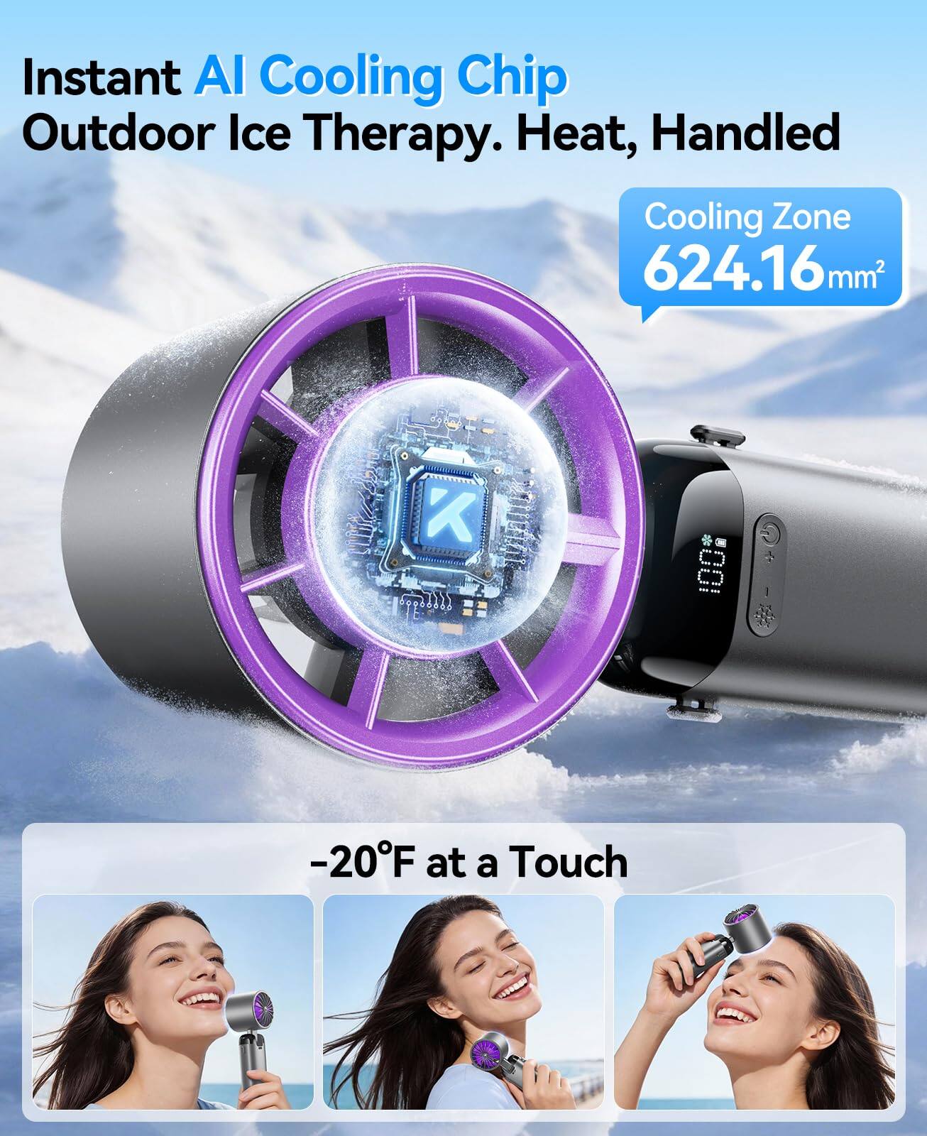 Instant AI Cooling Chip Outdoor Ice Therapy. Heat, Handled Cooling Zone 624.16 mm². -20°F at a Touch