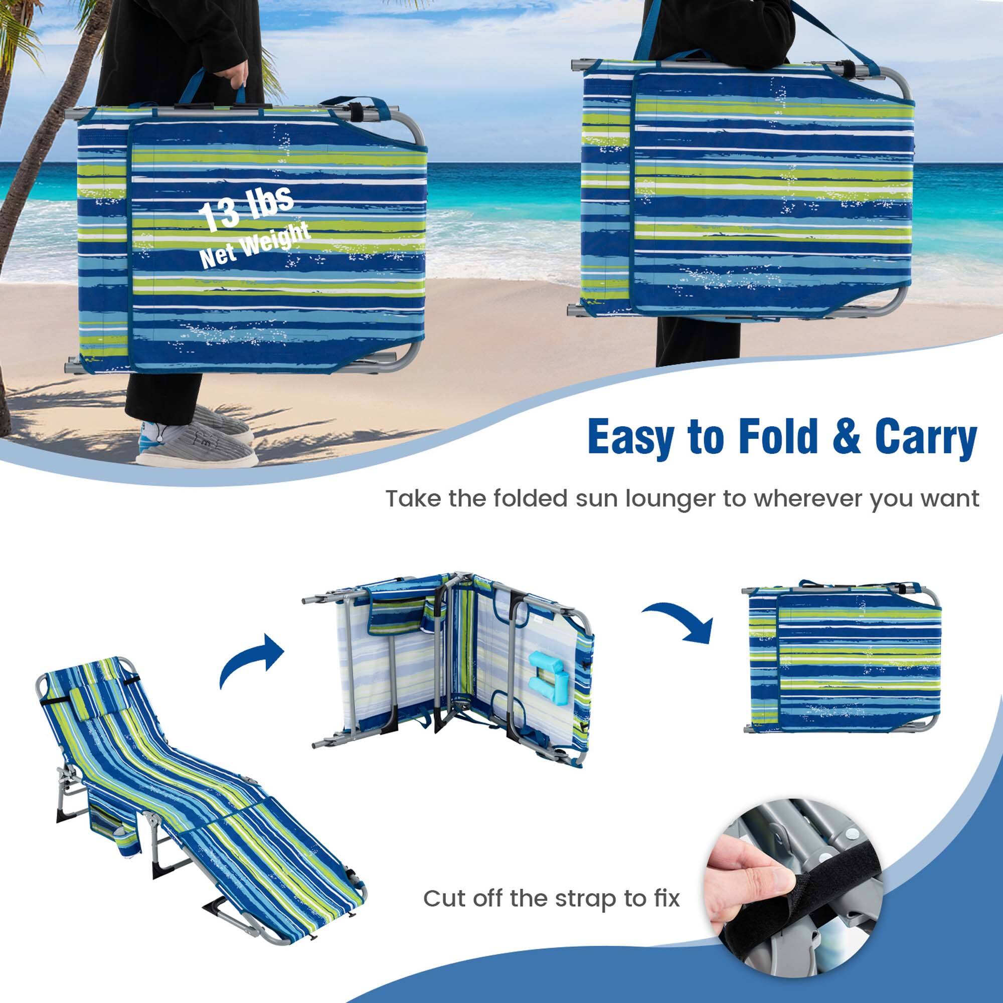 13 lbs Net Weight, Easy to Fold & Carry, Take the folded sun lounger to wherever you want, Cut off the strap to fix