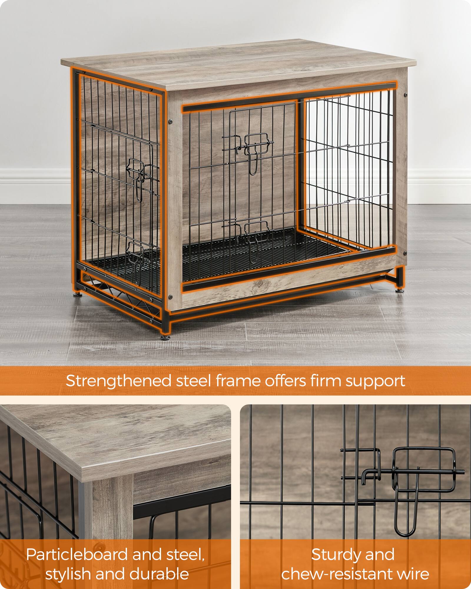- Strengthened steel frame offers firm support
- Particleboard and steel, stylish and durable
- Sturdy and chew-resistant wire