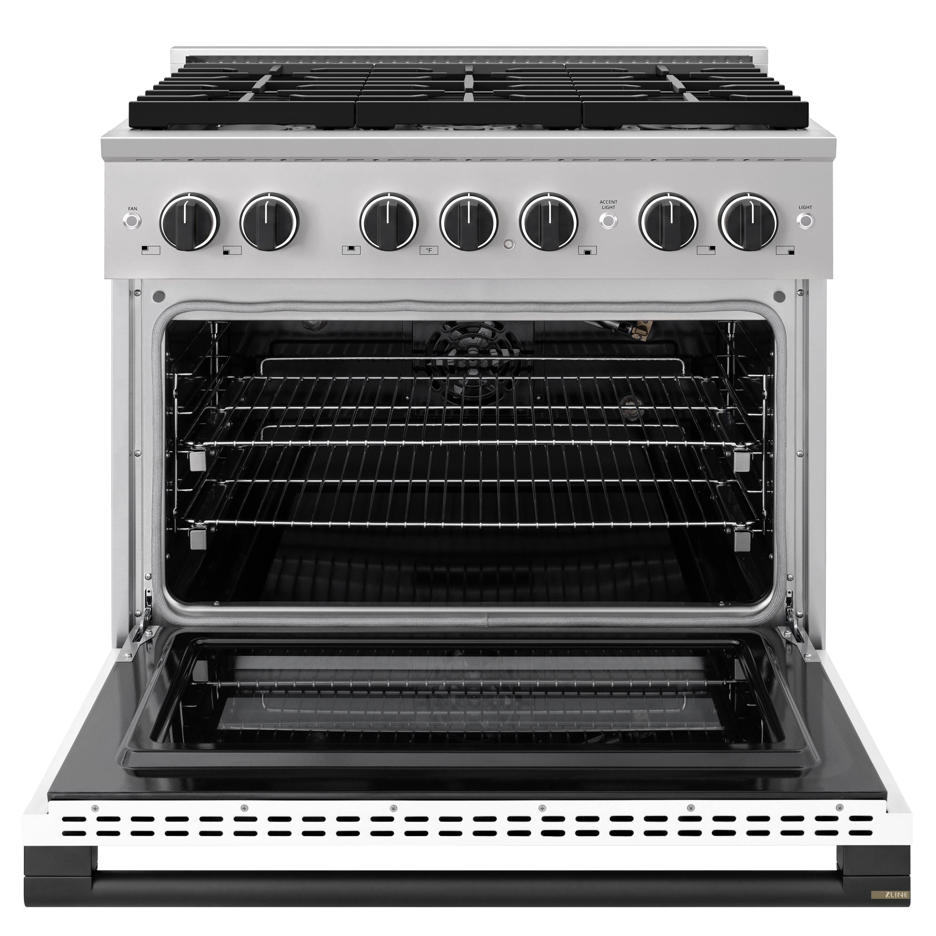 Angle. ZLINE - Autograph 36 in. 5.2 cu. ft. Manual Clean Marino Freestanding Gas Range with 6 Burners and Black Accents - White Matte.