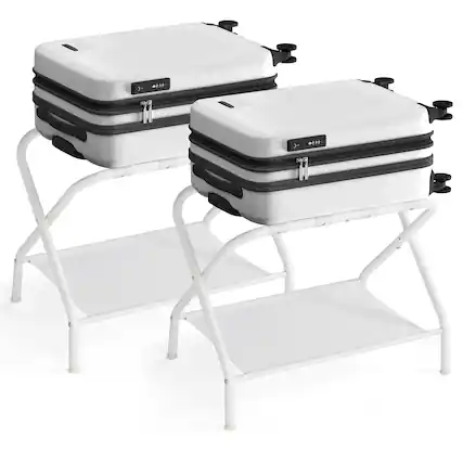 Front. Songmics Home - Luggage Racks, Set of 2, Suitcase Stand with Fabric Storage Shelf, for Guest Room, Bedroom, Hotel, Foldable - Cloud White.