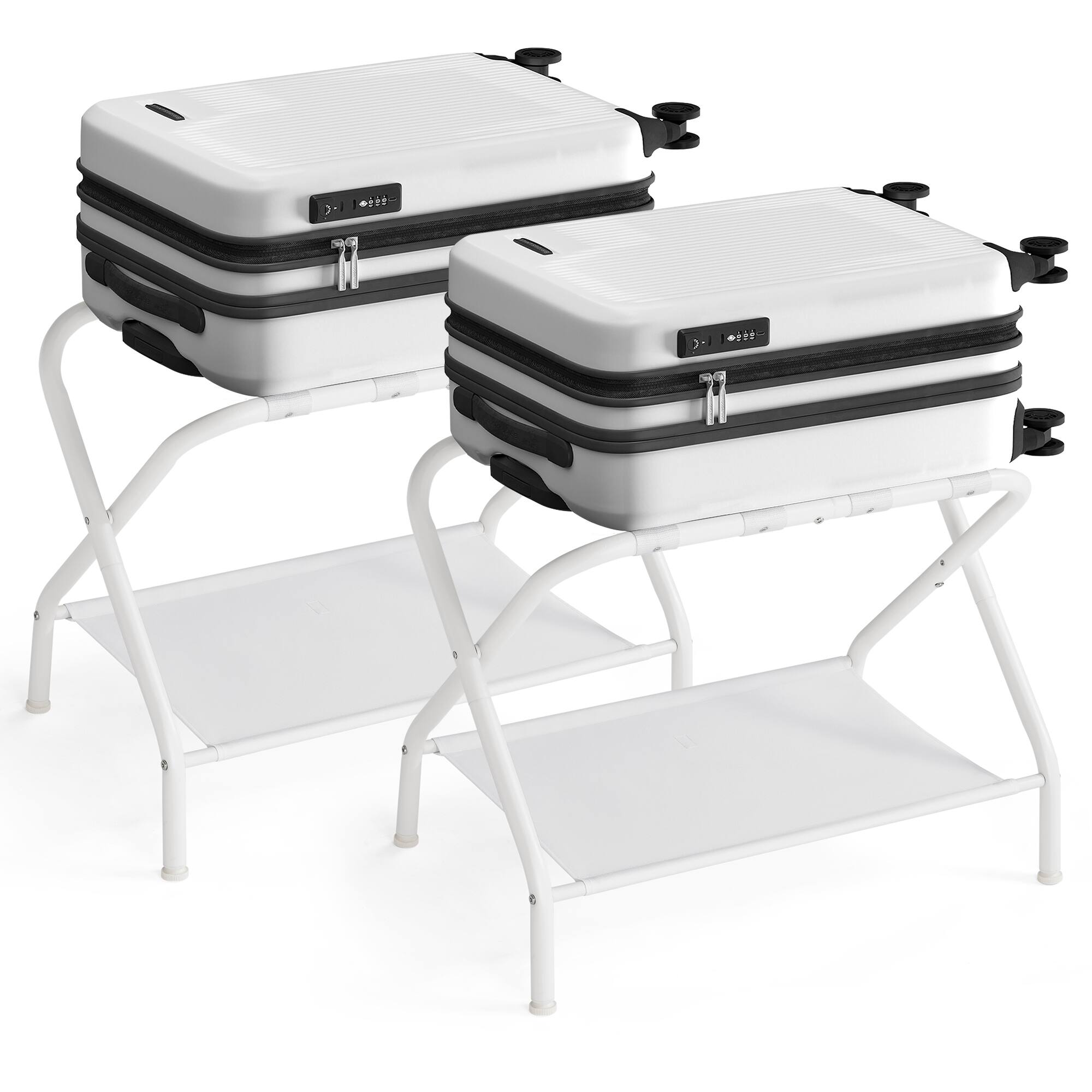 Front. Songmics Home - Luggage Racks, Set of 2, Suitcase Stand with Fabric Storage Shelf, for Guest Room, Bedroom, Hotel, Foldable - Cloud White.