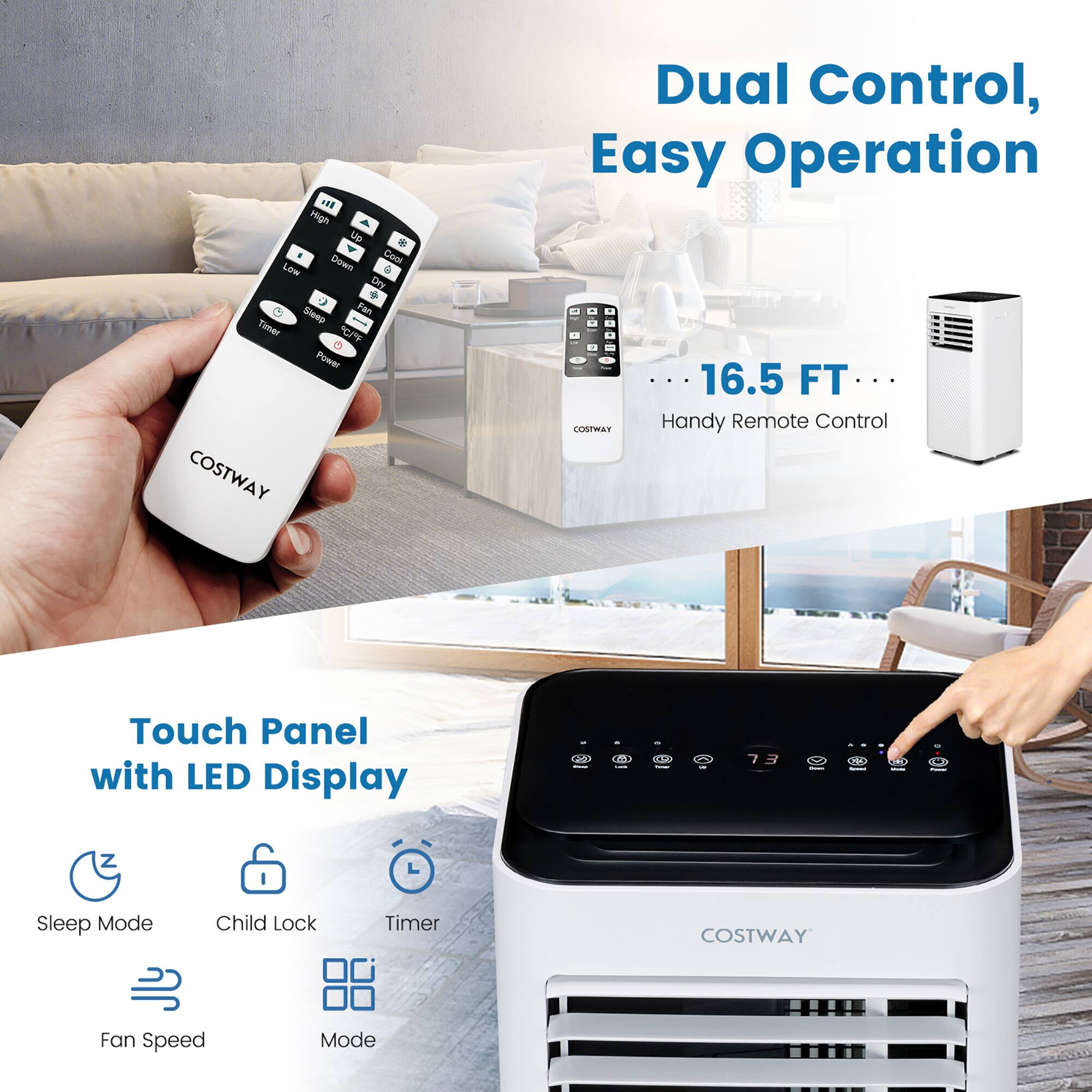 Dual Control, Easy Operation: Costway 16.5 FT Handy Remote Control Touch Panel with LED Display. 73 - 5 Sleep Mode, Child Lock, Timer. Costway Fan Speed Mode.