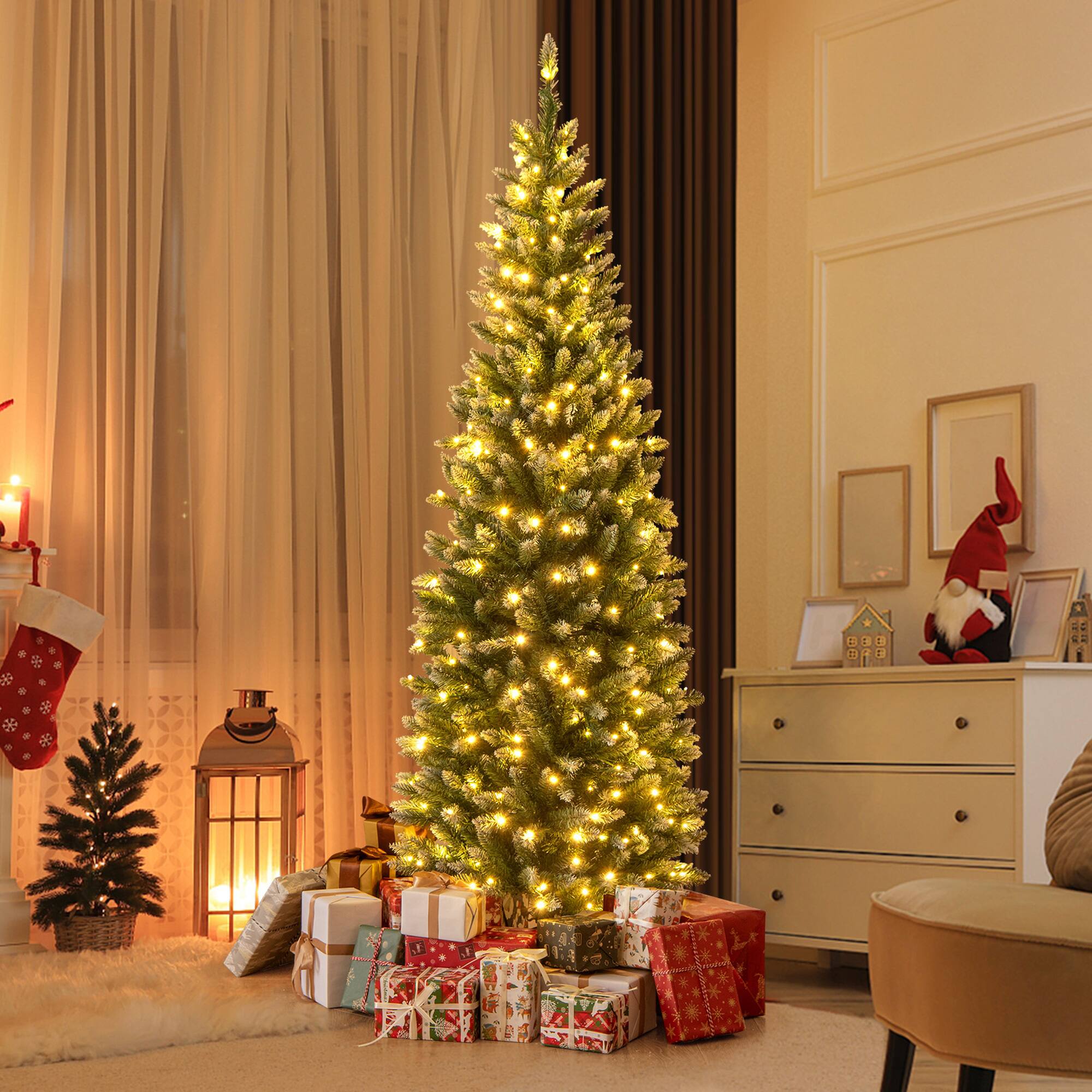 Alt View 1. Costway - Costway 6 FT Pre-Lit Christmas Tree Hinged Slim Pencil Xmas with 250 LED Lights & 618 Tips - Green,White.