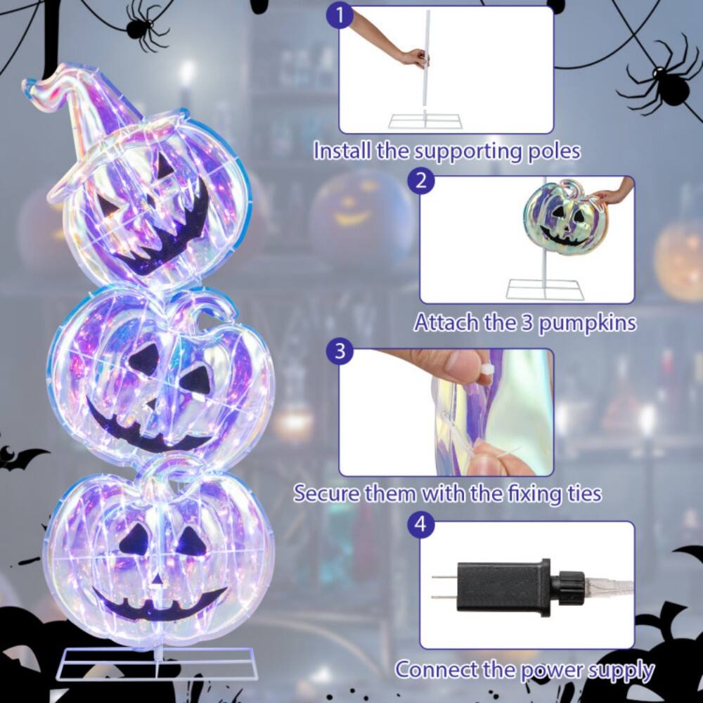 1. Install the supporting poles
2. Attach the 3 pumpkins
3. Secure them with the fixing ties
4. Connect the power supply