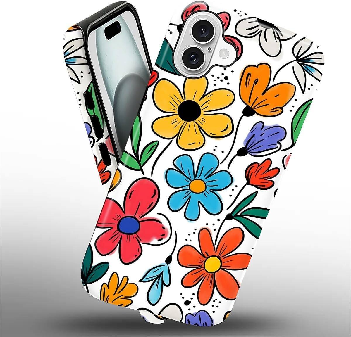 Alt View 2. Finnhomy - Smartphone Case for iPhone 16 Plus 2 Layer Durable Protection Military Grade Shockproof Design - Colorful Flowers.