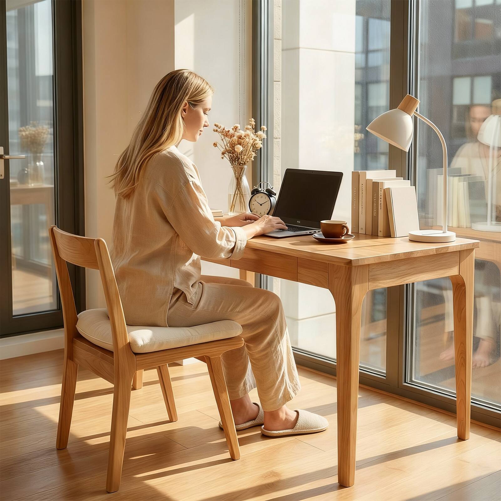 Back. Z-Edge - Solid Wood Desk with 2 Drawers, Computer Desk for Small Spaces, Home Office Desks for Work, Student PC Desk for Bedroom - Natural.