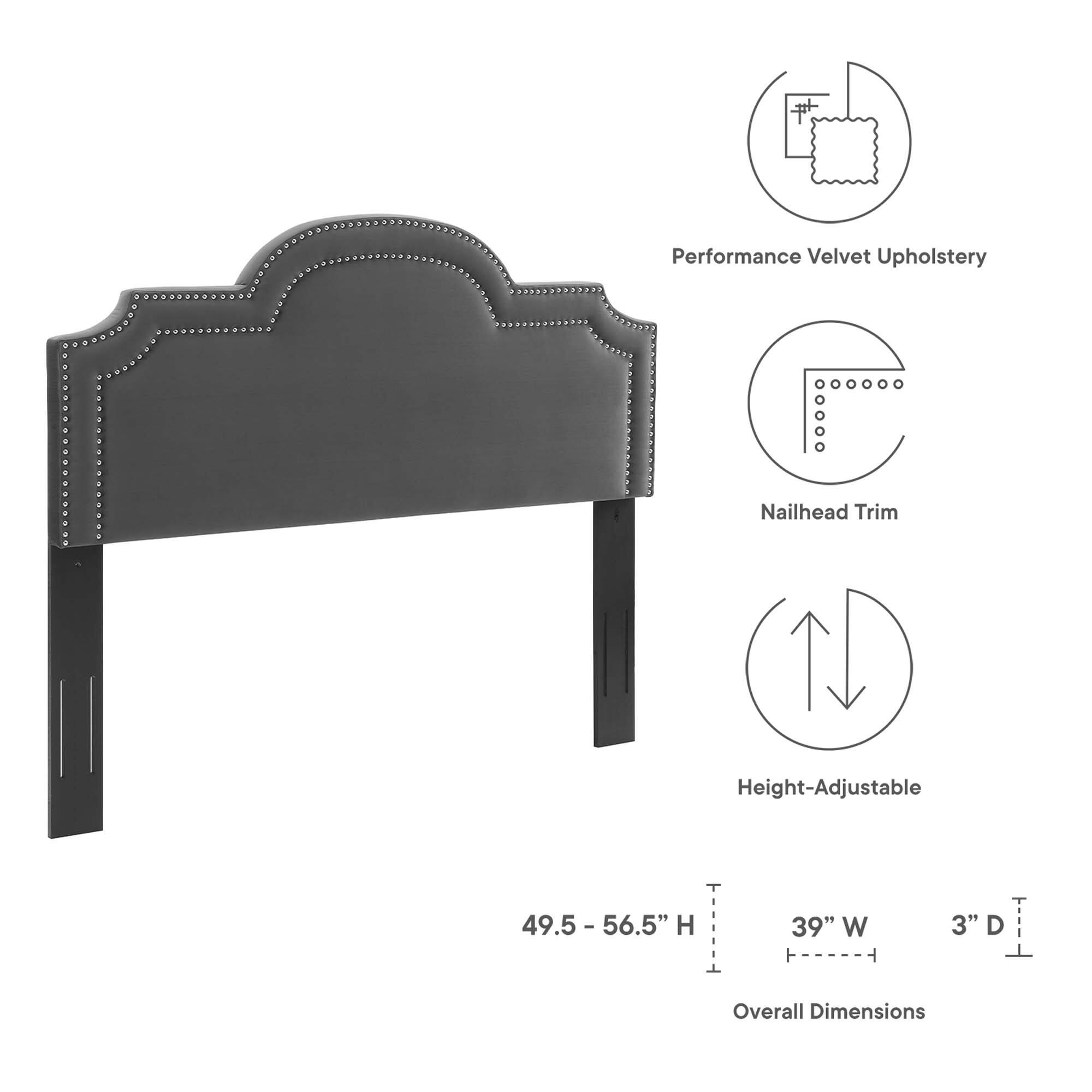 Performance Velvet Upholstery  
Nailhead Trim  
Height-Adjustable  

Overall Dimensions:  
Height: 49.5 - 56.5"  
Width: 39"  
Depth: 3"