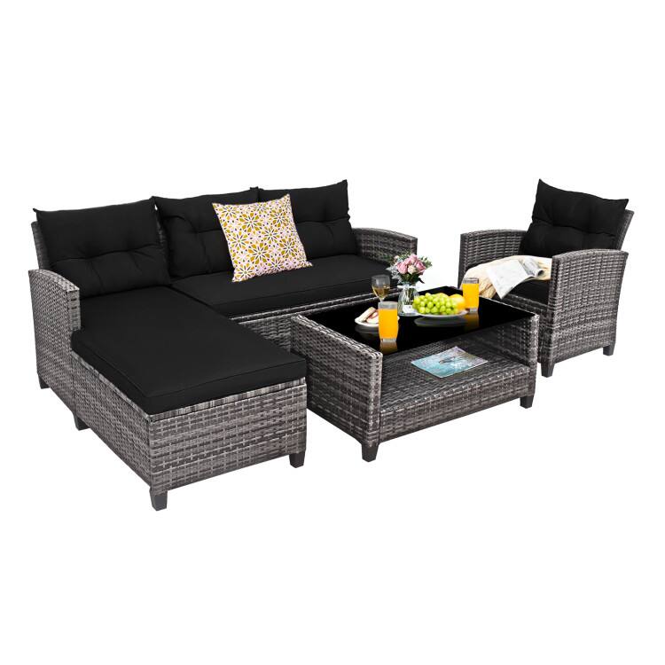 Alt View 6. Mondawe - 4-Piece Patio Rattan Sofa Set w/ Cushions & Table, Outdoor Conversation Set with Loveseat & Lounge Chair - Black.