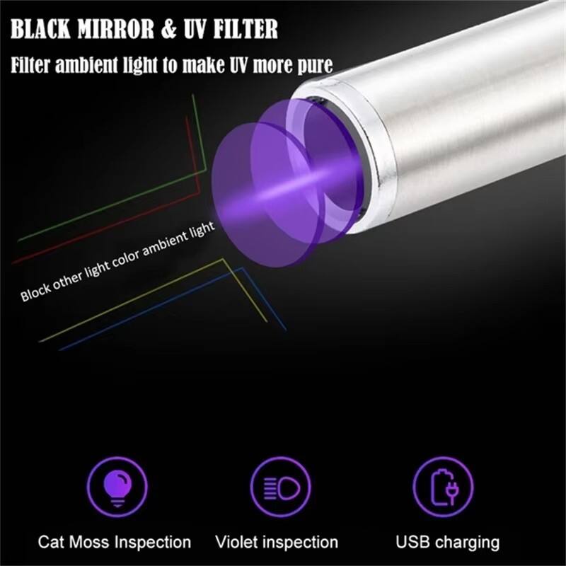 BLACK MIRROR & UV FILTER  
Filter ambient light to make UV more pure  
Block other light color ambient light  

Cat Moss Inspection  
Violet inspection  
USB charging
