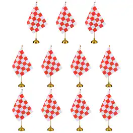 Unique Bargains - 12pcs 12" R/W Checkered Table Flag for Racing/Sport Party, Bamboo Stick & Gold Round Base - Red and White Flag, Gold Base