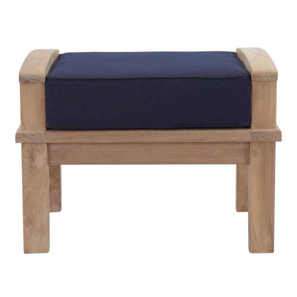 Back. Outdoor Escape - Durable Outdoor Teak Ottoman With Cushioned Top And Classic Design - Blue.