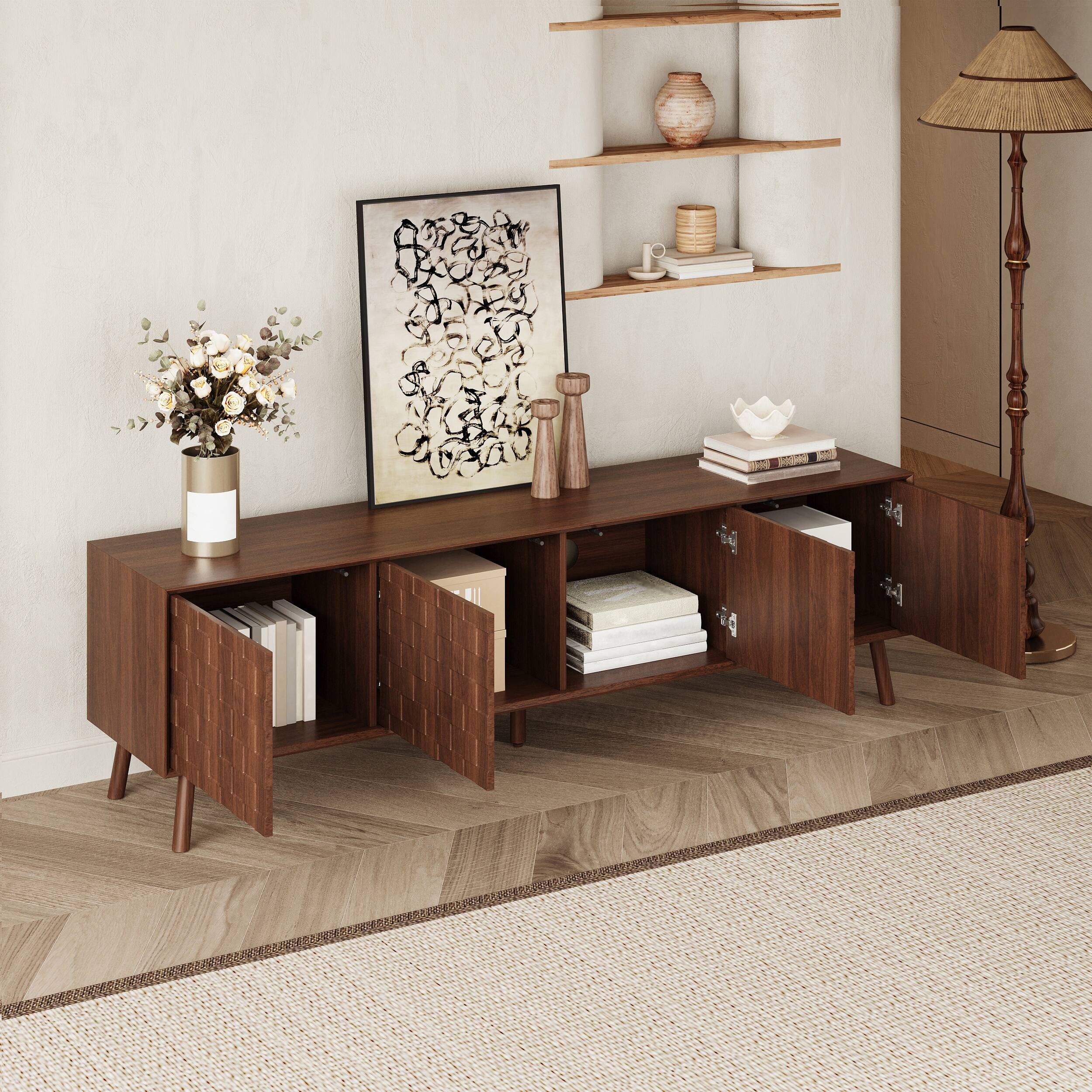 Angle. MERAVOM - Mid-Century Modern TV Stand for TVs Up to 80", Entertainment Center with Storage Cabinets, Media Console for Living Room - Walnut.
