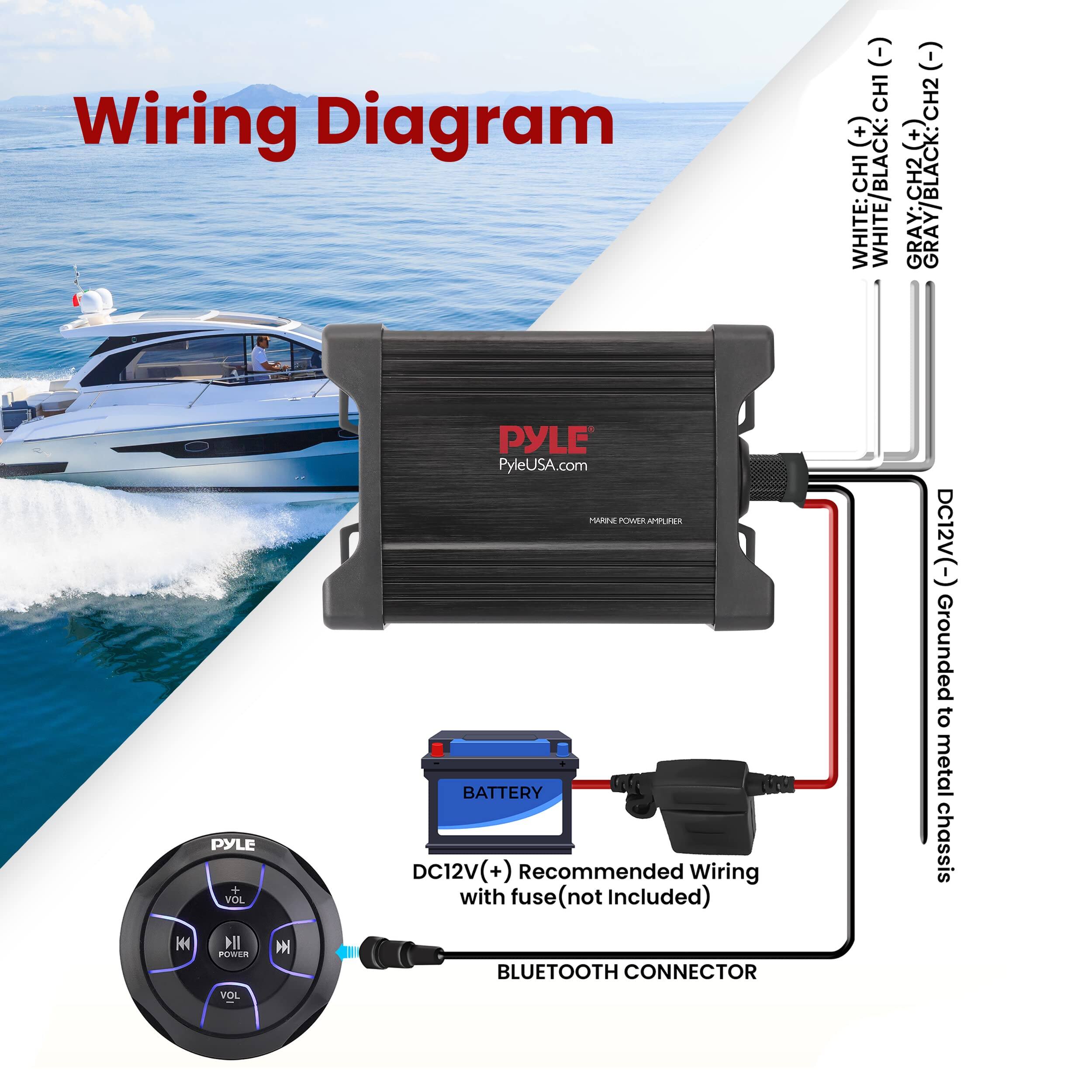 Wiring Diagram

- WHITE/BLACK: CH1(+)
- GRAY/BLACK: CH2(+)
- WHITE: CH1
- GRAY: CH2
- DC12V(+)
- DC12V(-) Grounded to metal chassis

PYLE
PyleUSA.com

Recommended Wiring with fuse (not Included)

BATTERY
DC12V(+)
BLUETOOTH CONNECTOR