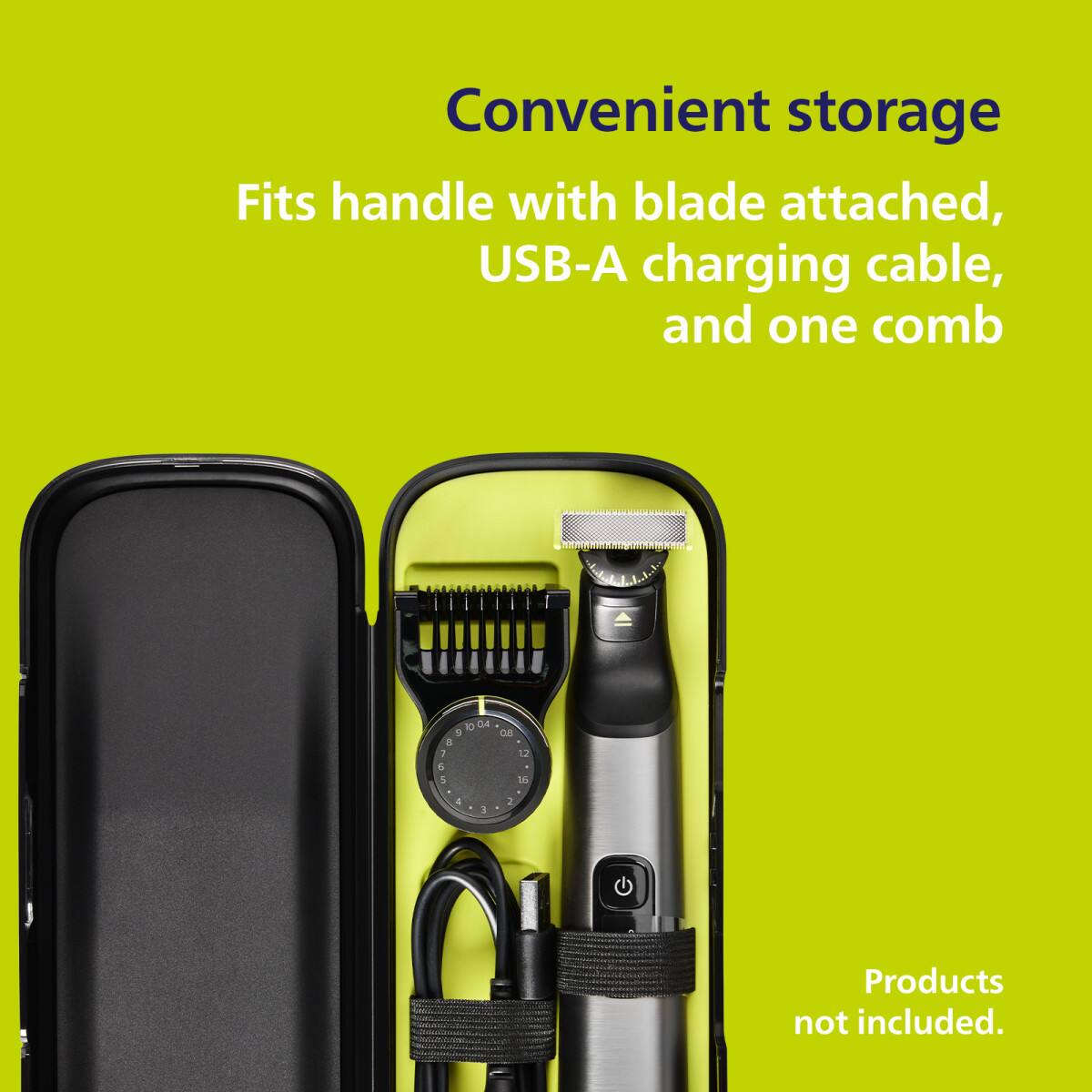 Convenient storage: Fits handle with blade attached, USB-A charging cable, and one comb.