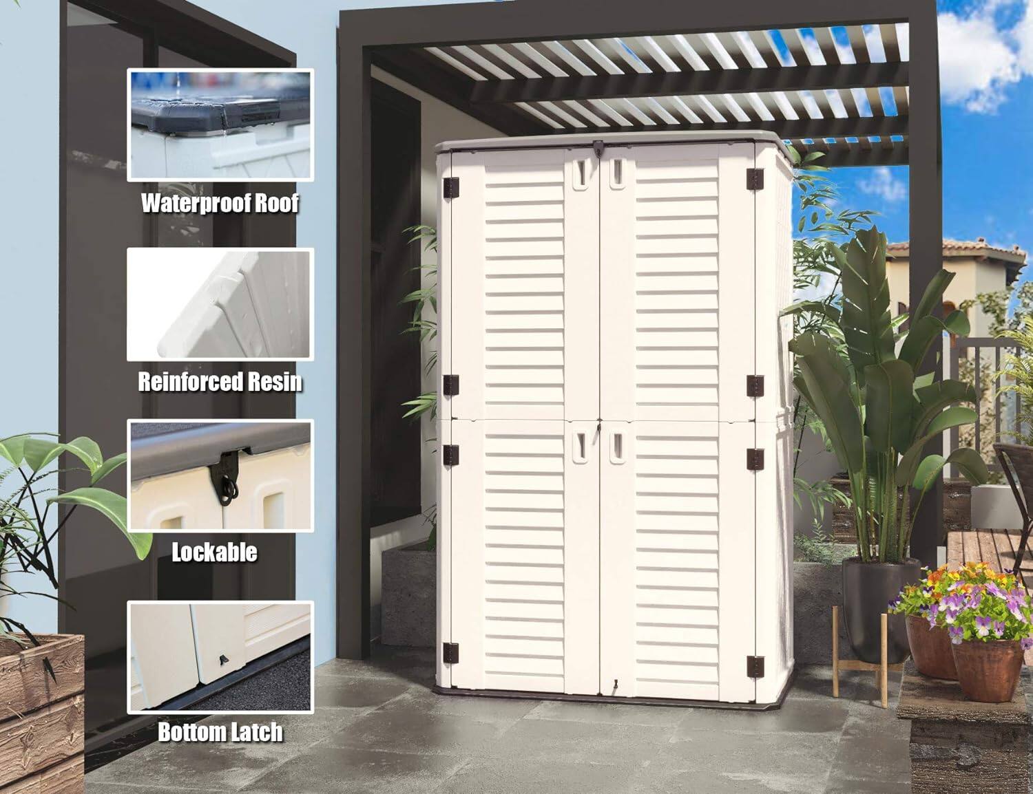 Waterproof Roof  
Reinforced Resin  
Lockable  
Bottom Latch