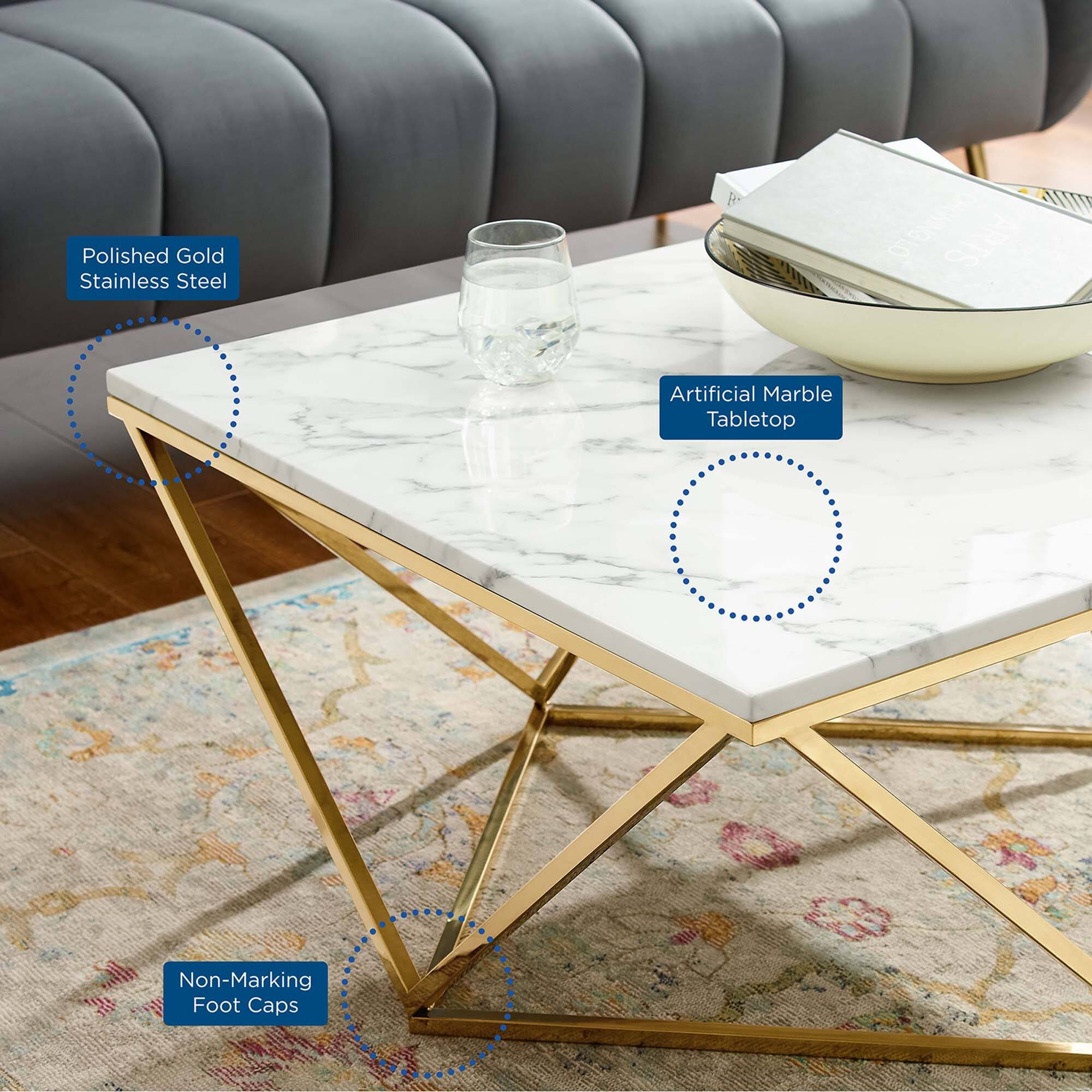 Polished Gold Stainless Steel  
Artificial Marble Tabletop  
Non-Marking Foot Caps
